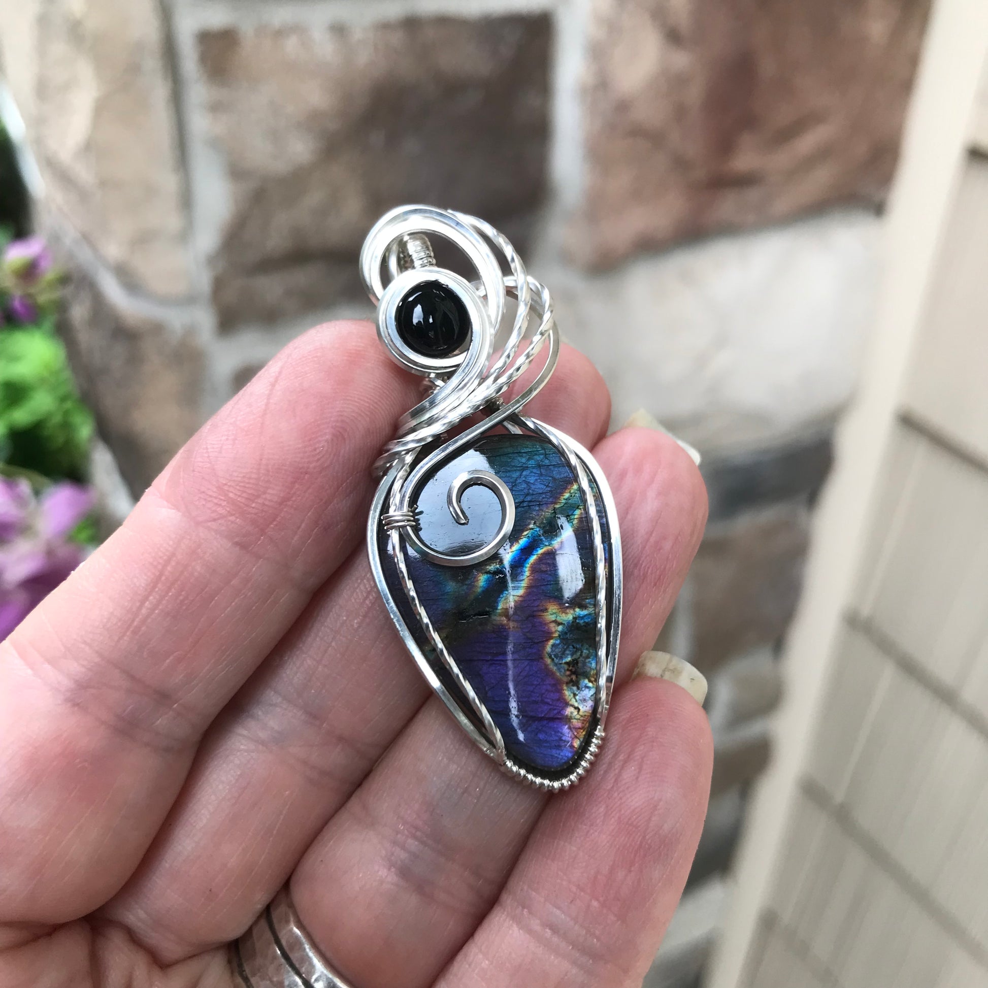RESERVED - Purple Labradorite & Black Onyx Silver Necklace