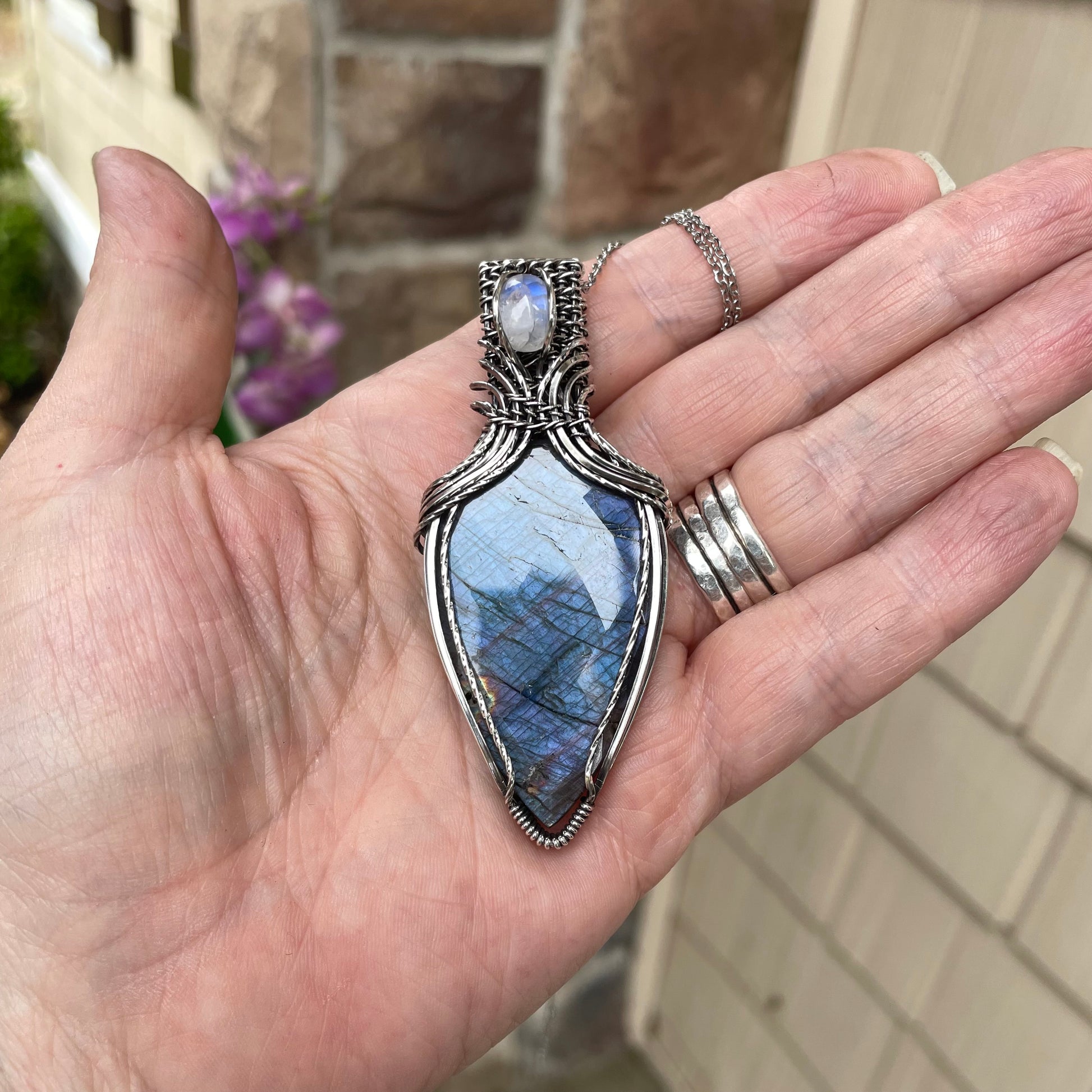 Indigo Labradorite & Moonstone Silver Necklace with Weaving