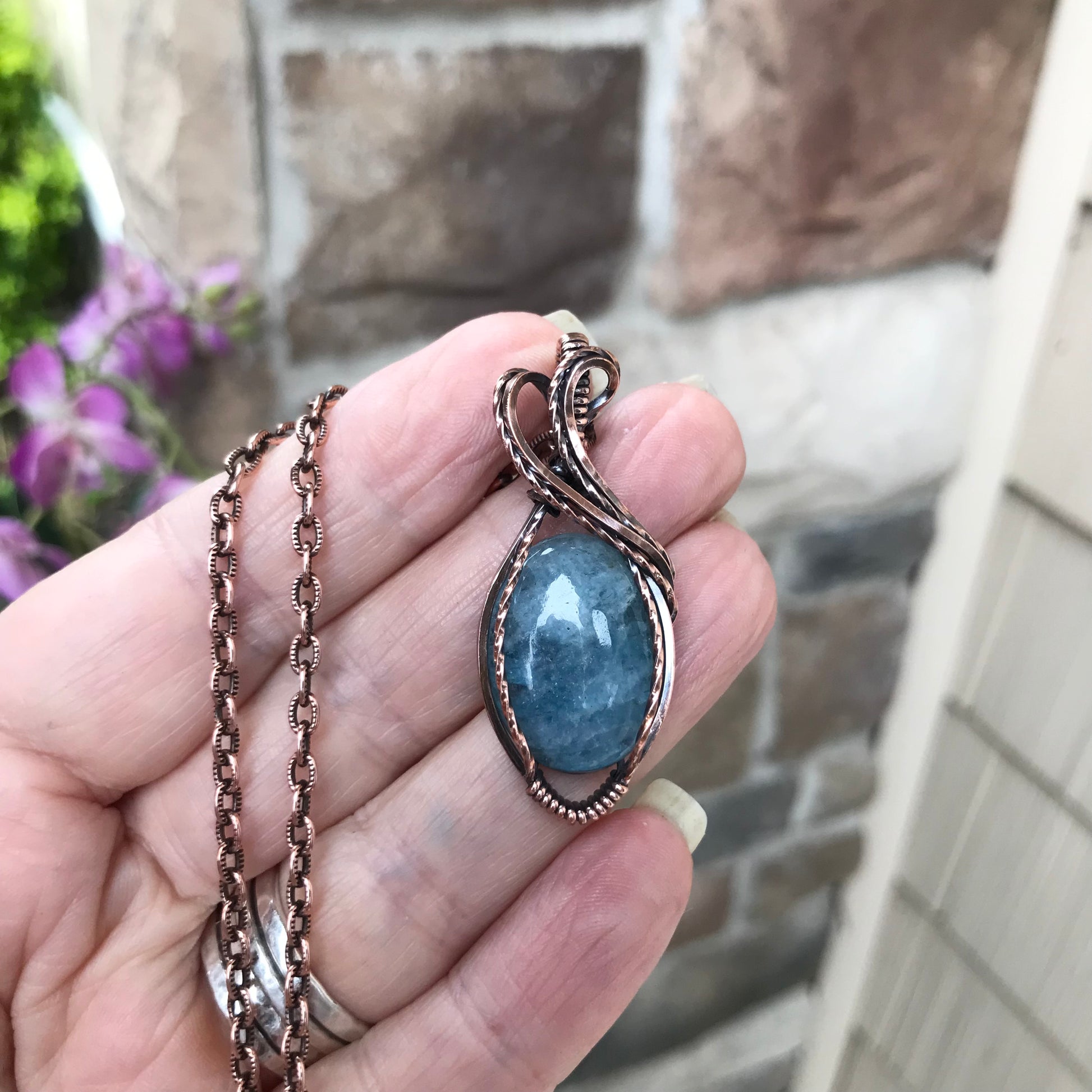 Aquamarine Oval Copper Pendant