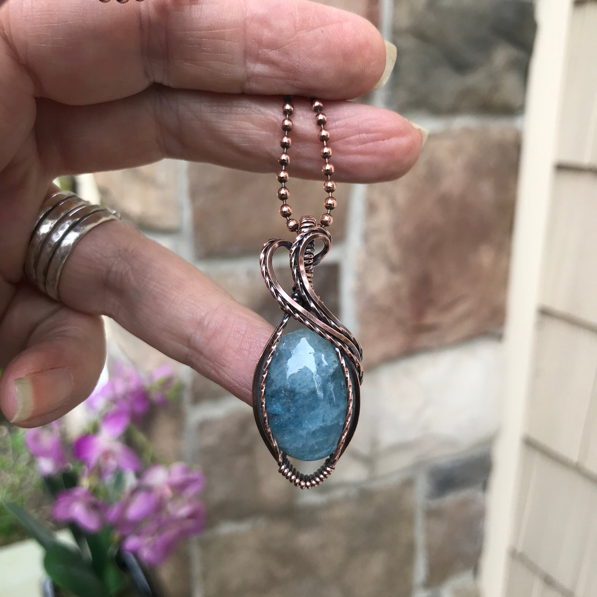 Aquamarine Oval Copper Pendant