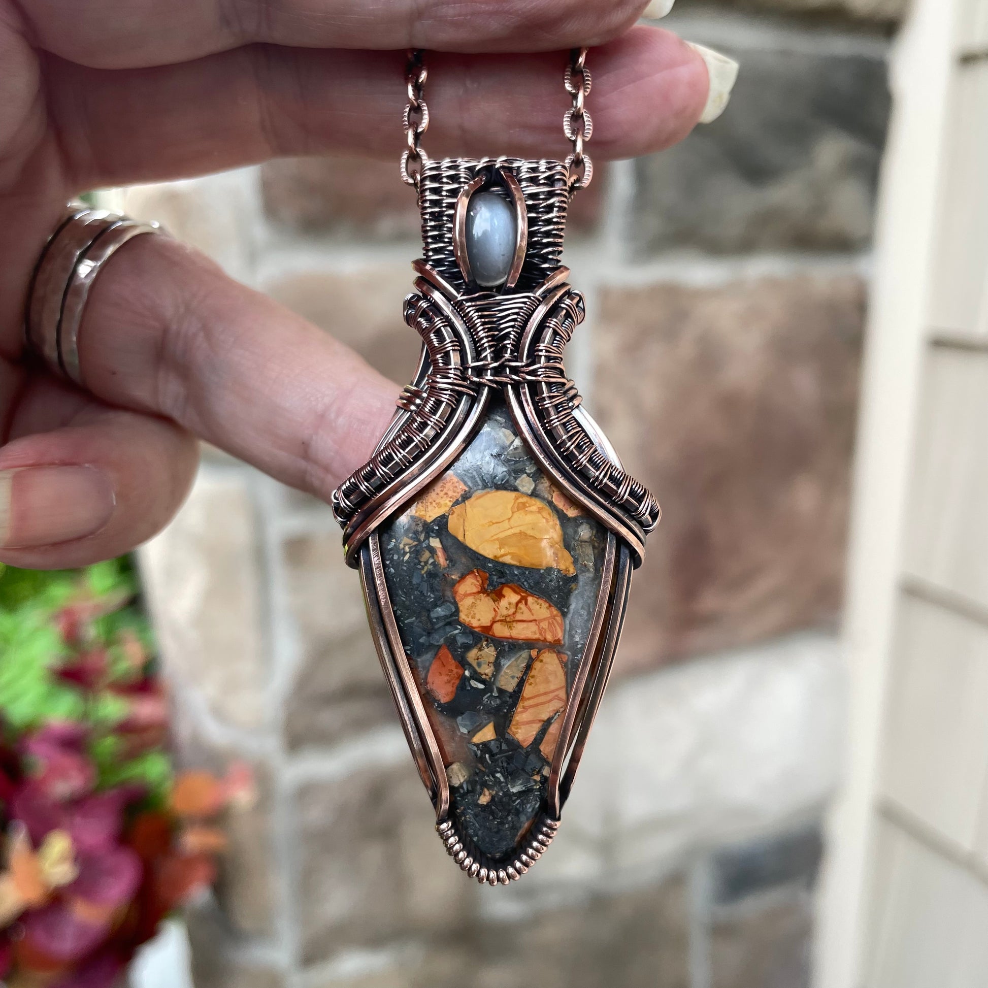 Maligano Jasper & Gray Moonstone Copper Pendant with Weaving