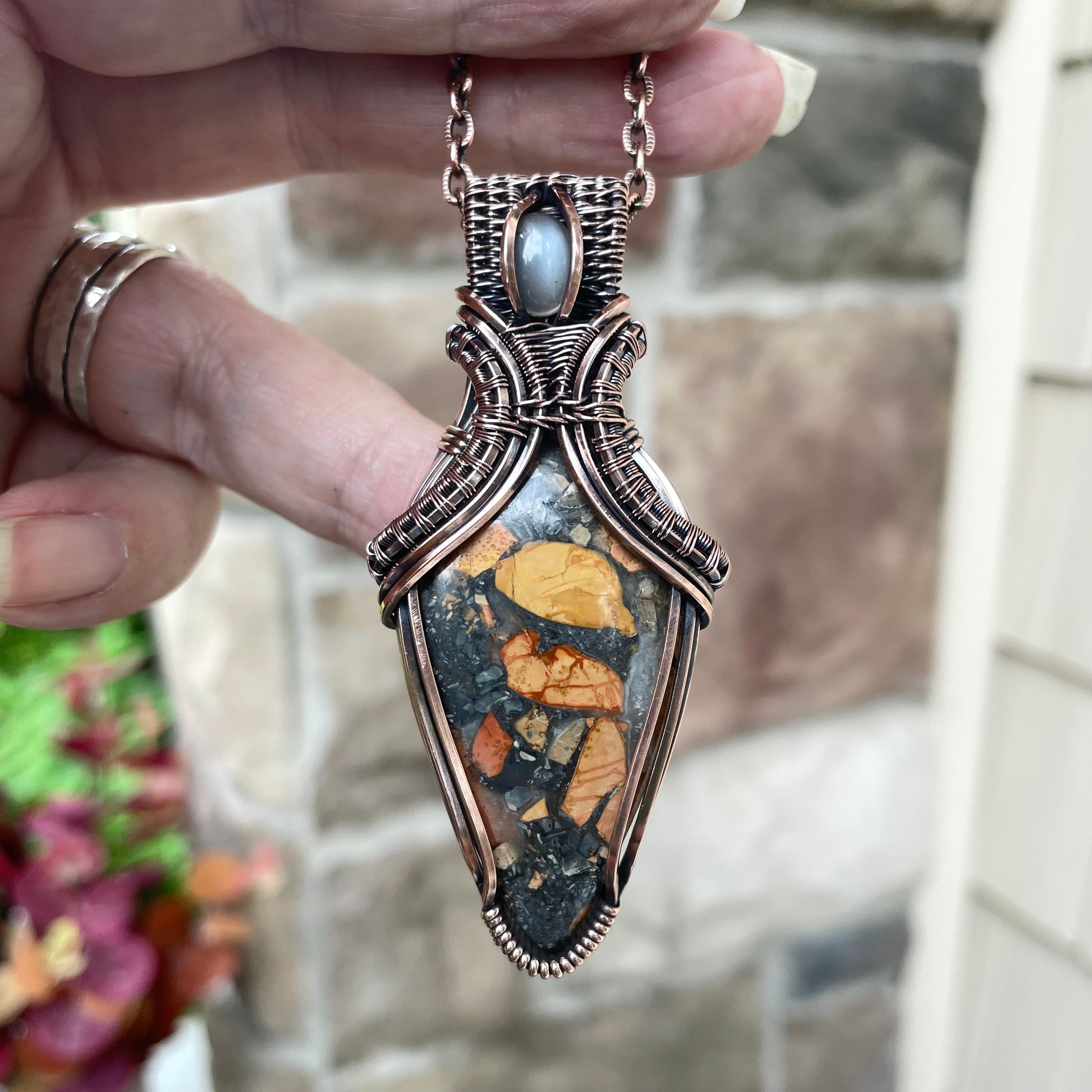 Maligano Jasper & Gray Moonstone Copper Pendant with Weaving