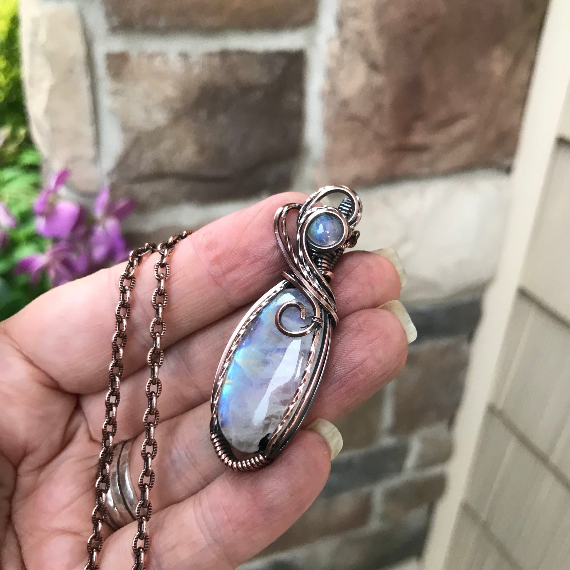 Moonstone with Tourmaline Swirly Copper Pendant
