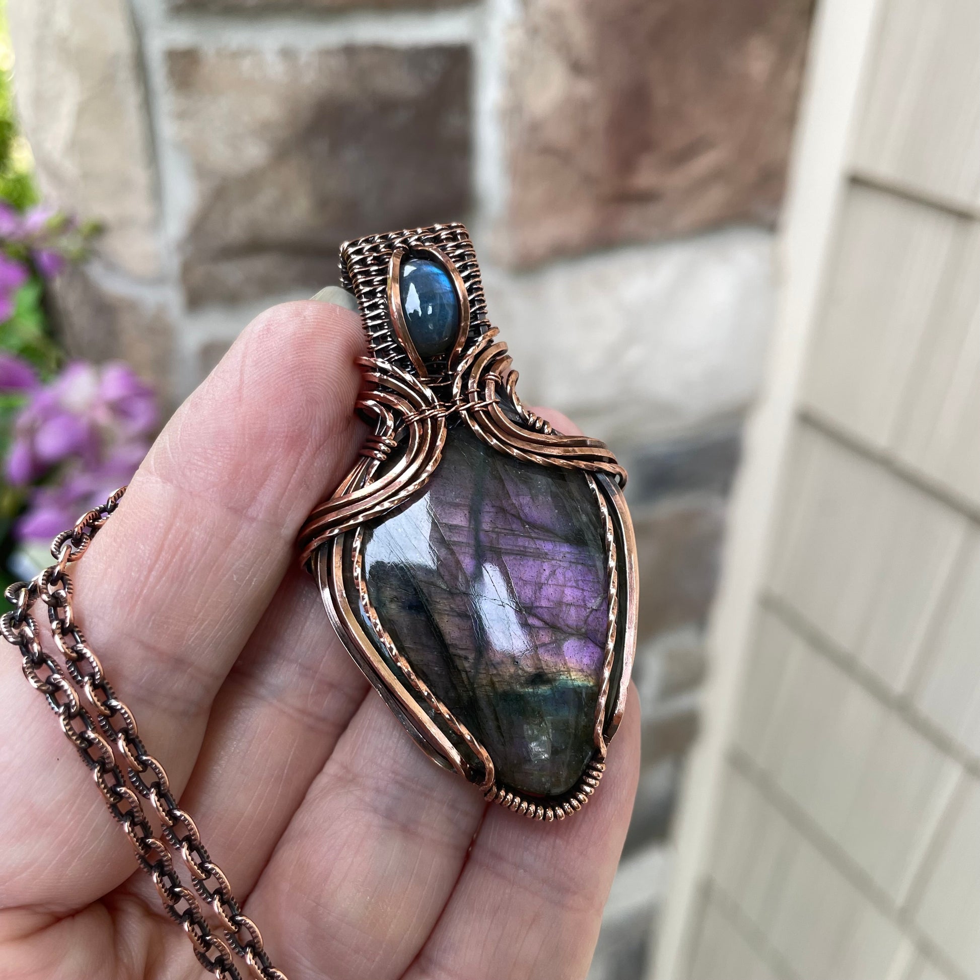 Purple & Blue Labradorite Copper Pendant with Weaving