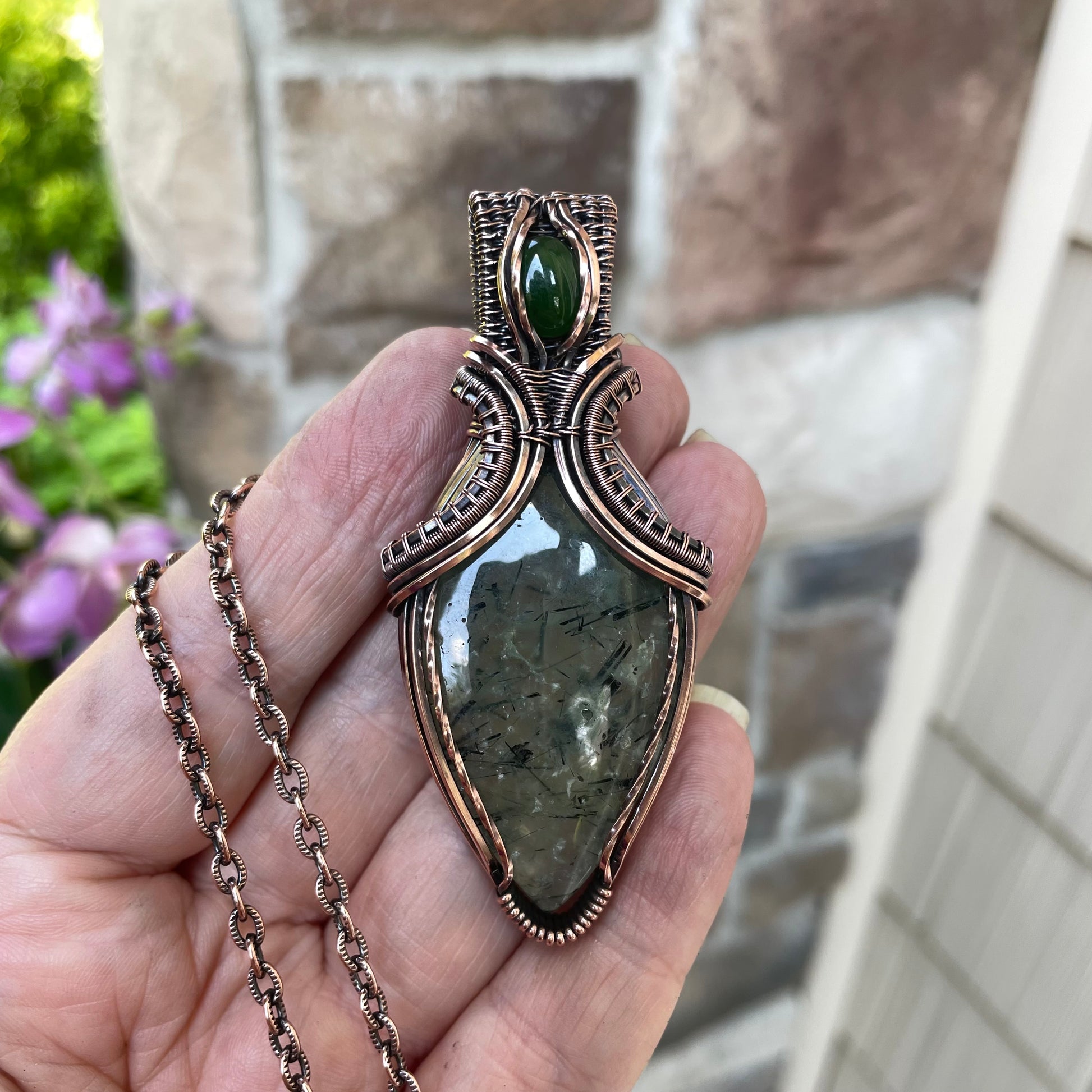 Prehnite & Jade Copper Pendant with Weaving