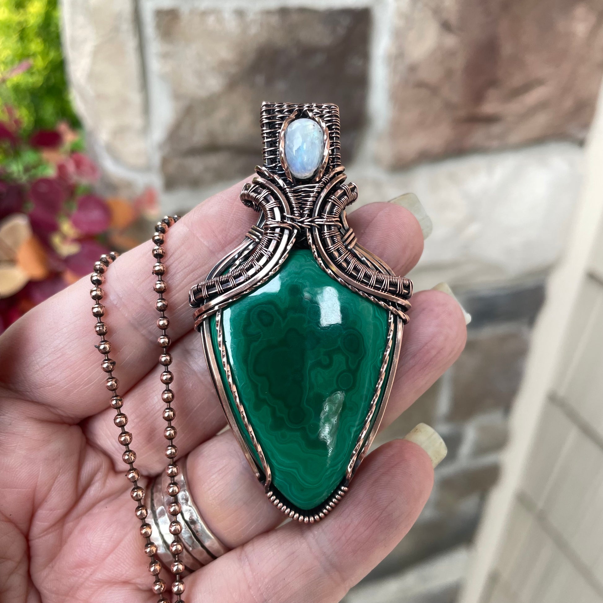 Malachite & Moonstone Copper Pendant with Weaving