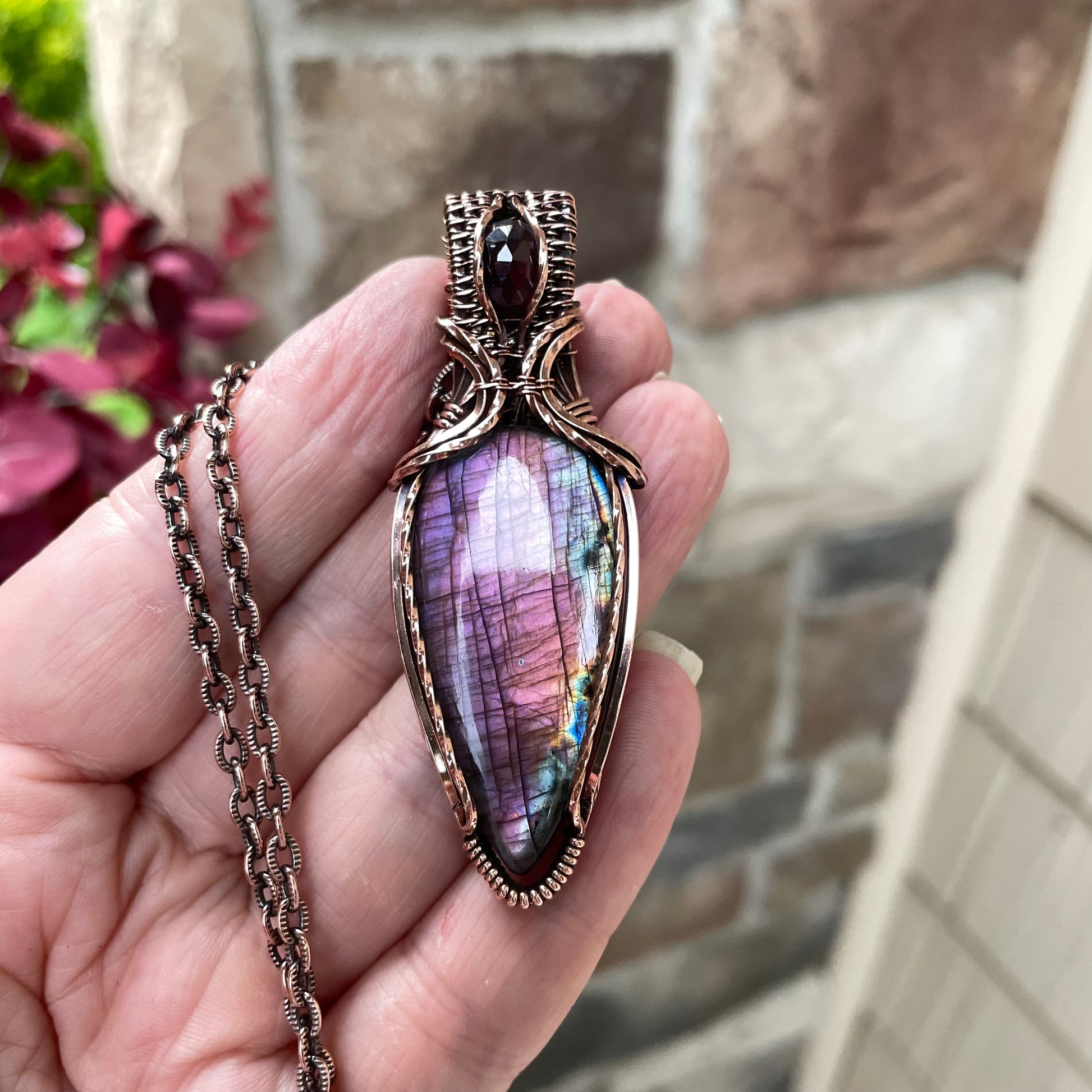 Purple & Pink Labradorite & Garnet Copper Pendant with Weaving