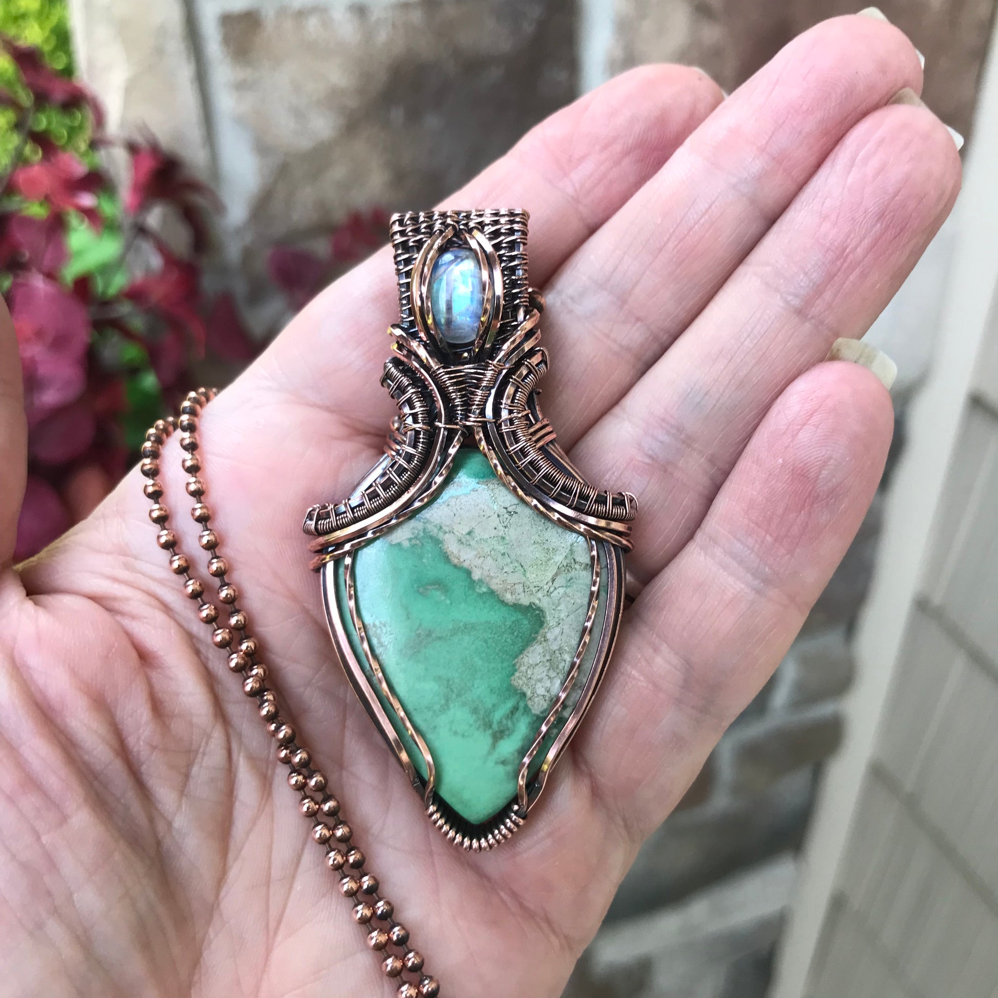 Variscite & Moonstone Copper Pendant with Weaving