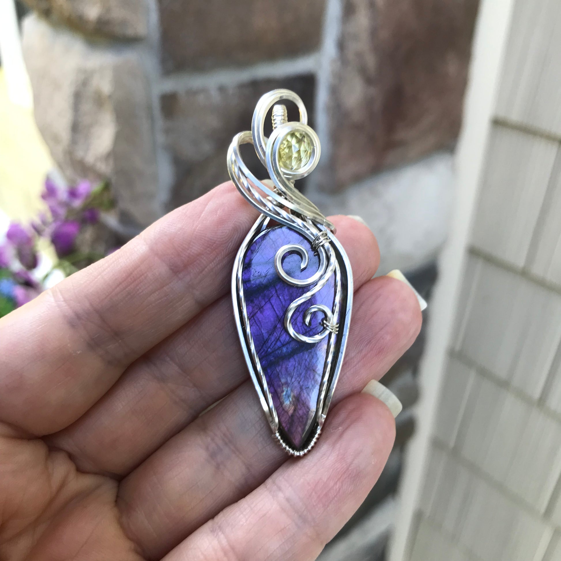 Purple Labradorite & Lemon Quartz Teardrop Silver Necklace