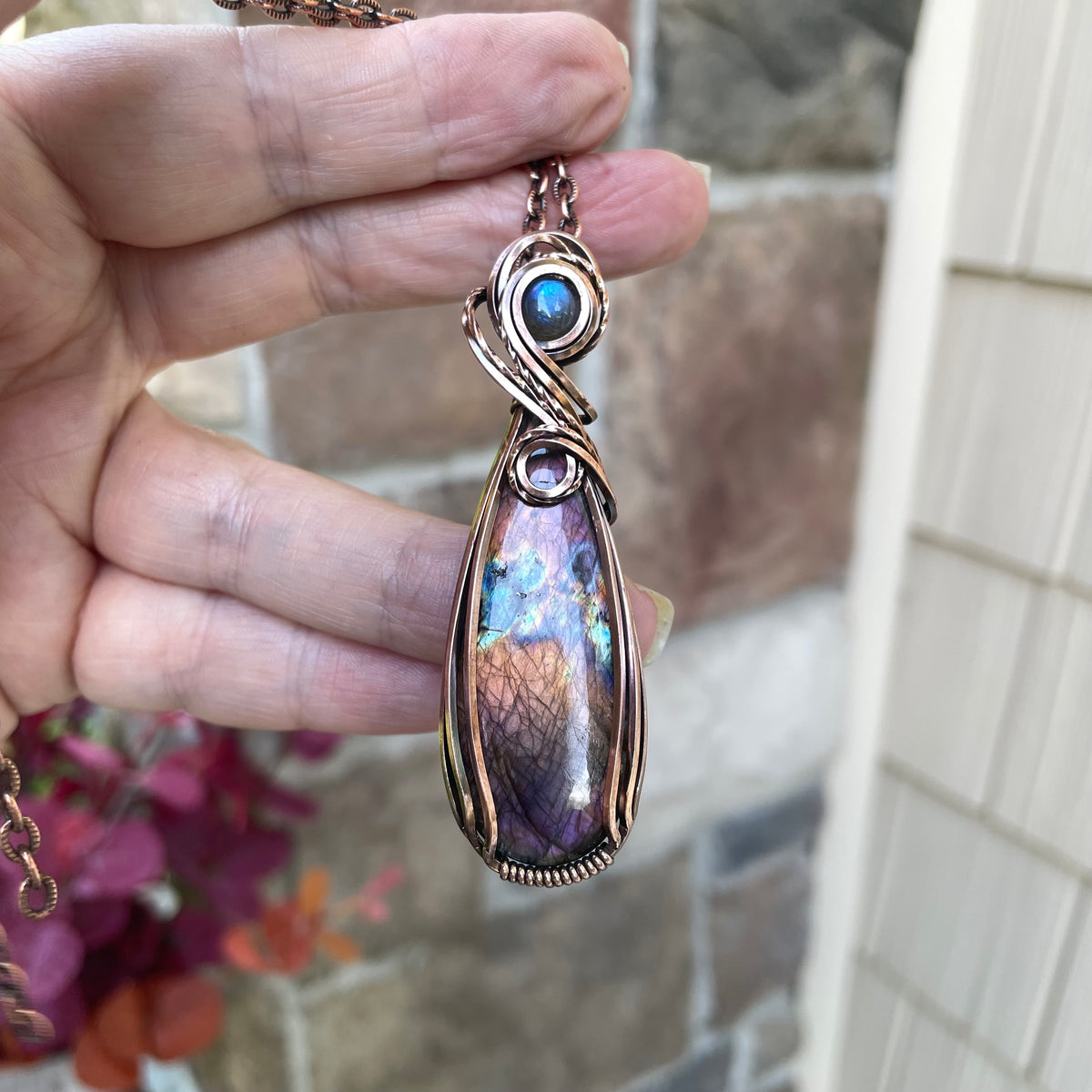 Orange & Purple Labradorite Slender Copper Pendant