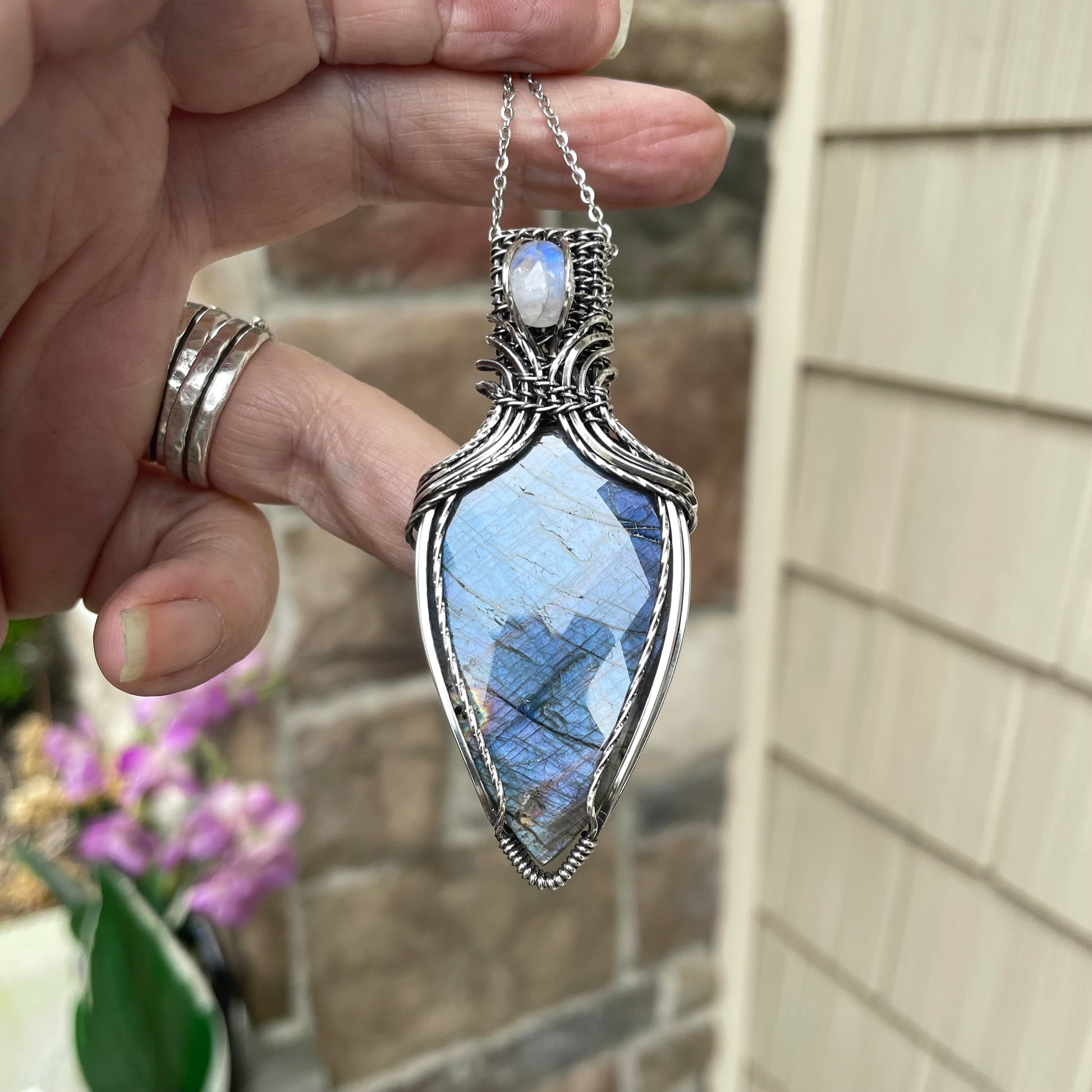 Indigo Labradorite & Moonstone Silver Necklace with Weaving