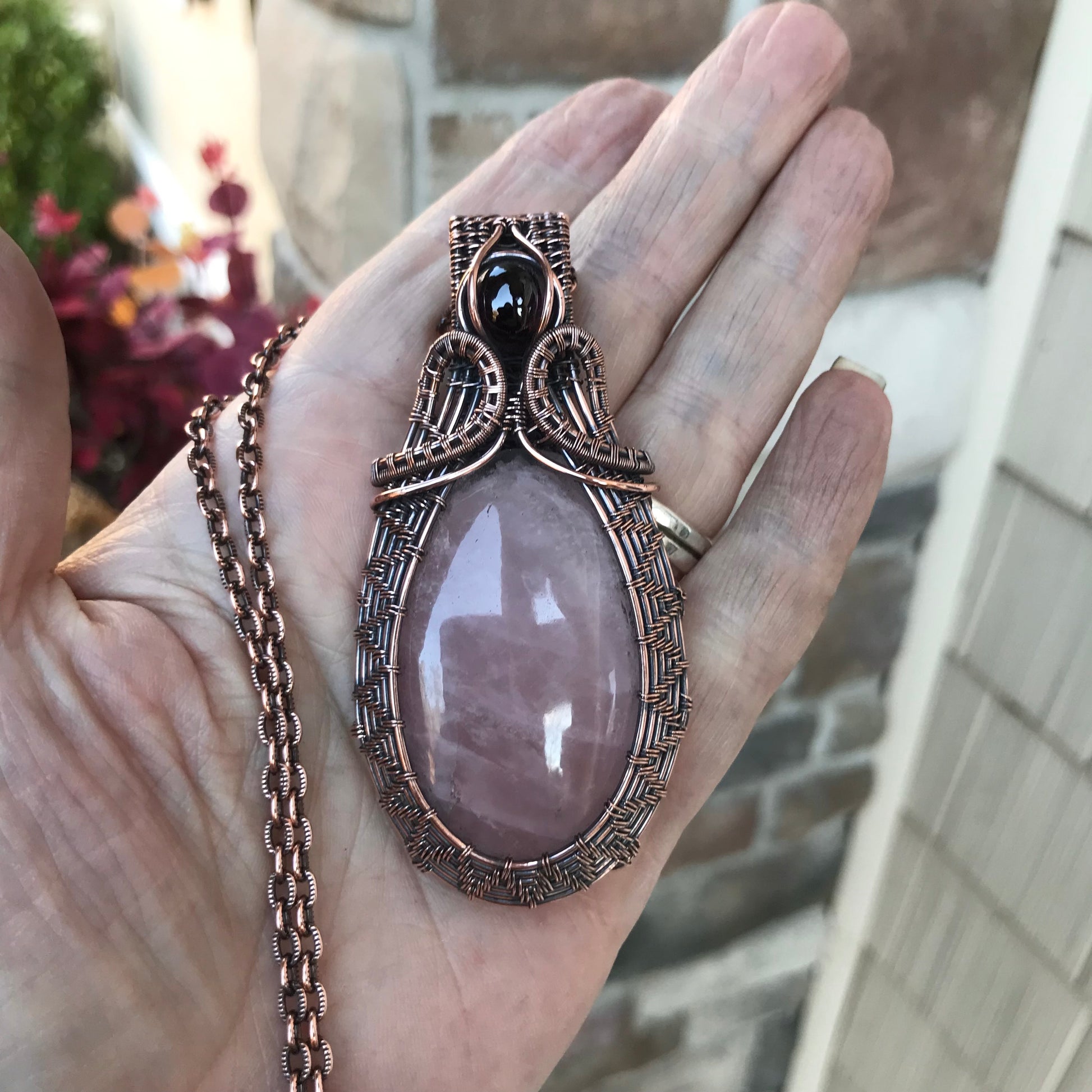 Rose Quartz & Garnet Copper Woven Pendant
