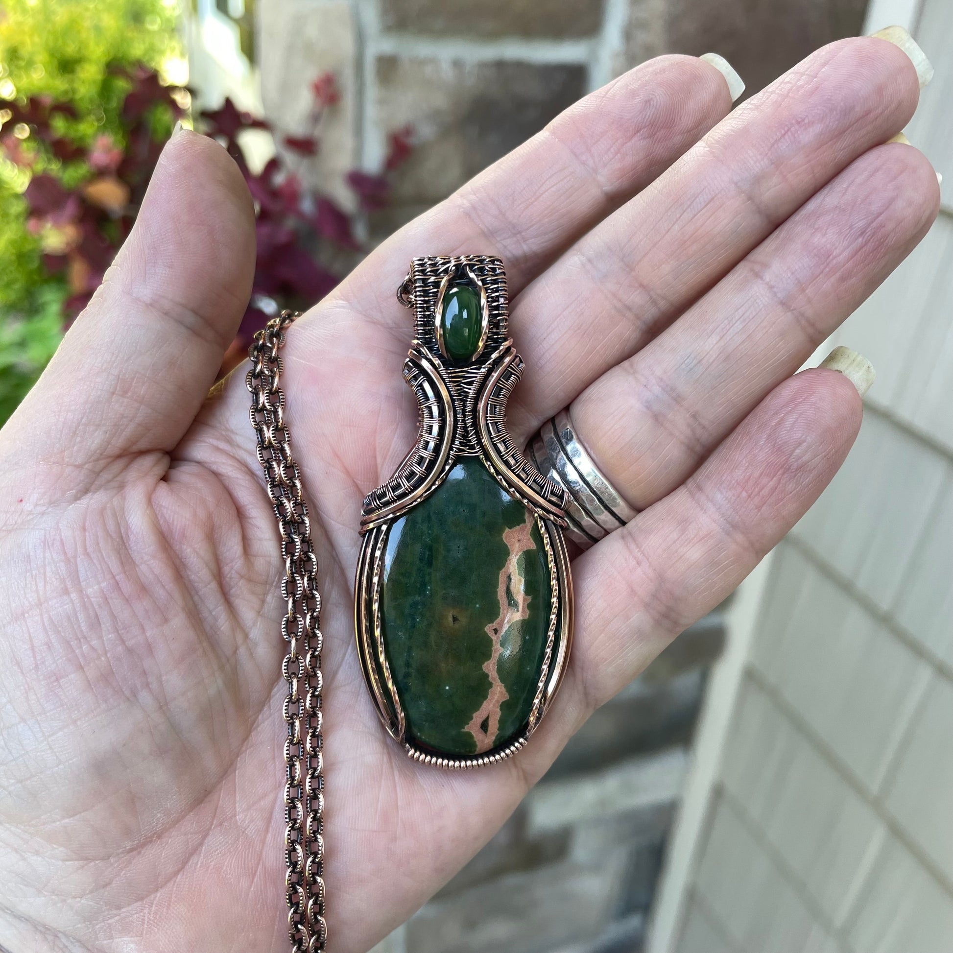 Ocean Jasper & Jade  Copper Pendant with Weaving