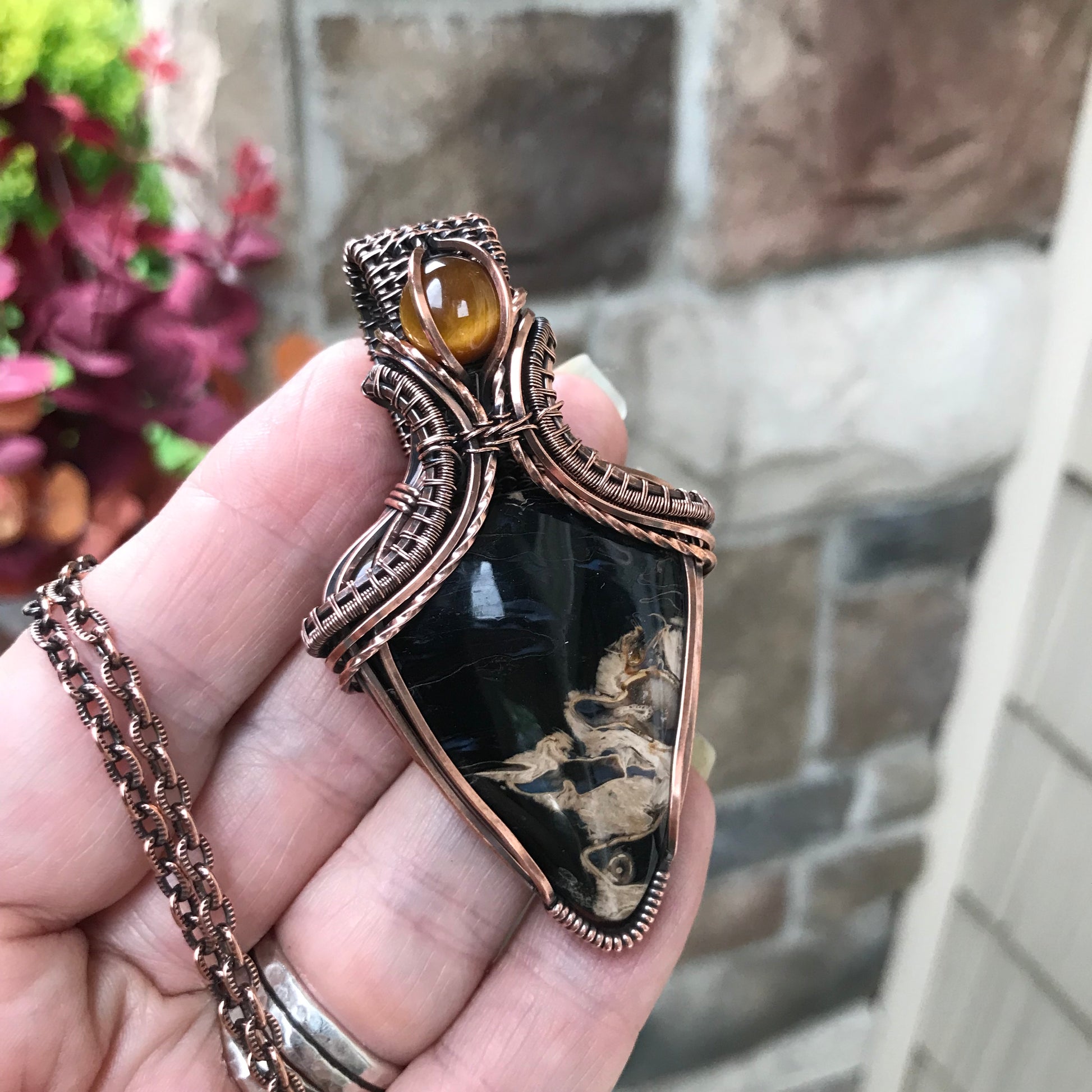 Petrified Palm Wood & Tiger Eye Copper Pendant with Weaving