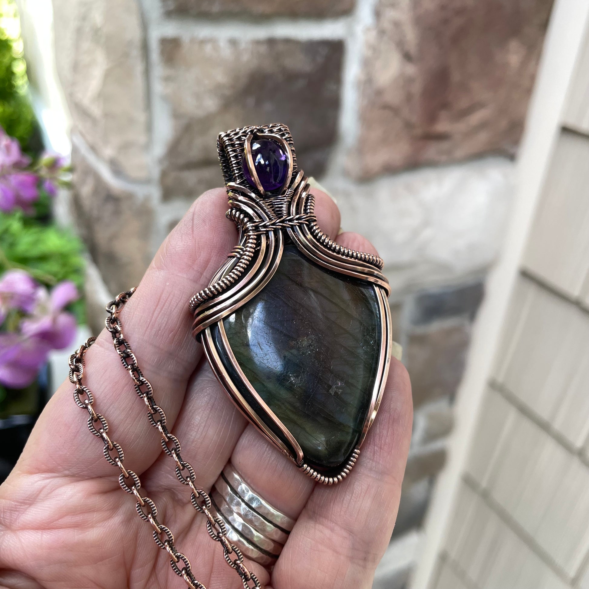 Rainbow Labradorite & Amethyst Copper Pendant