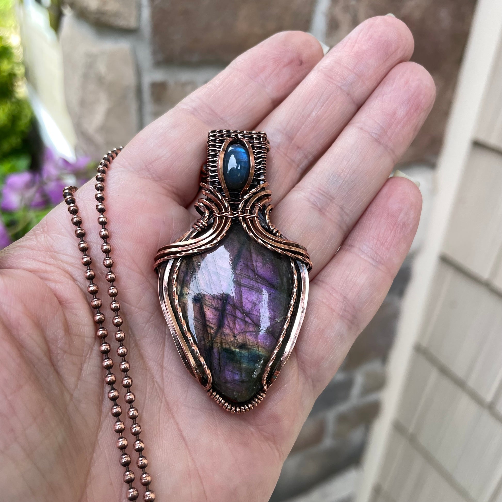 Purple & Blue Labradorite Copper Pendant with Weaving