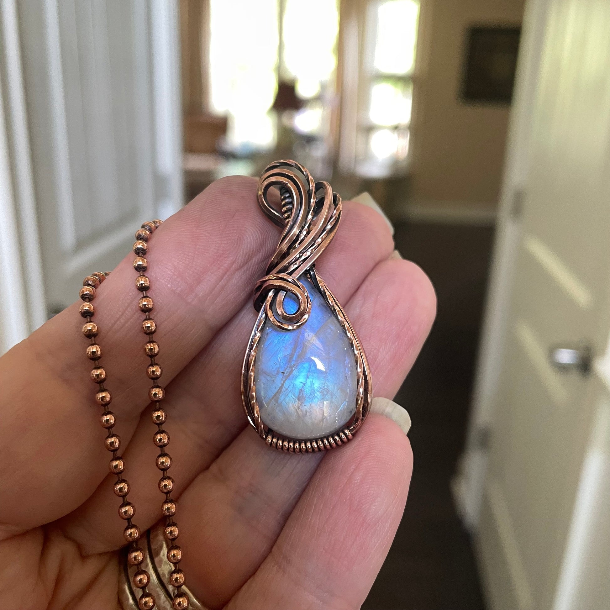 Rainbow Moonstone Copper Pendant