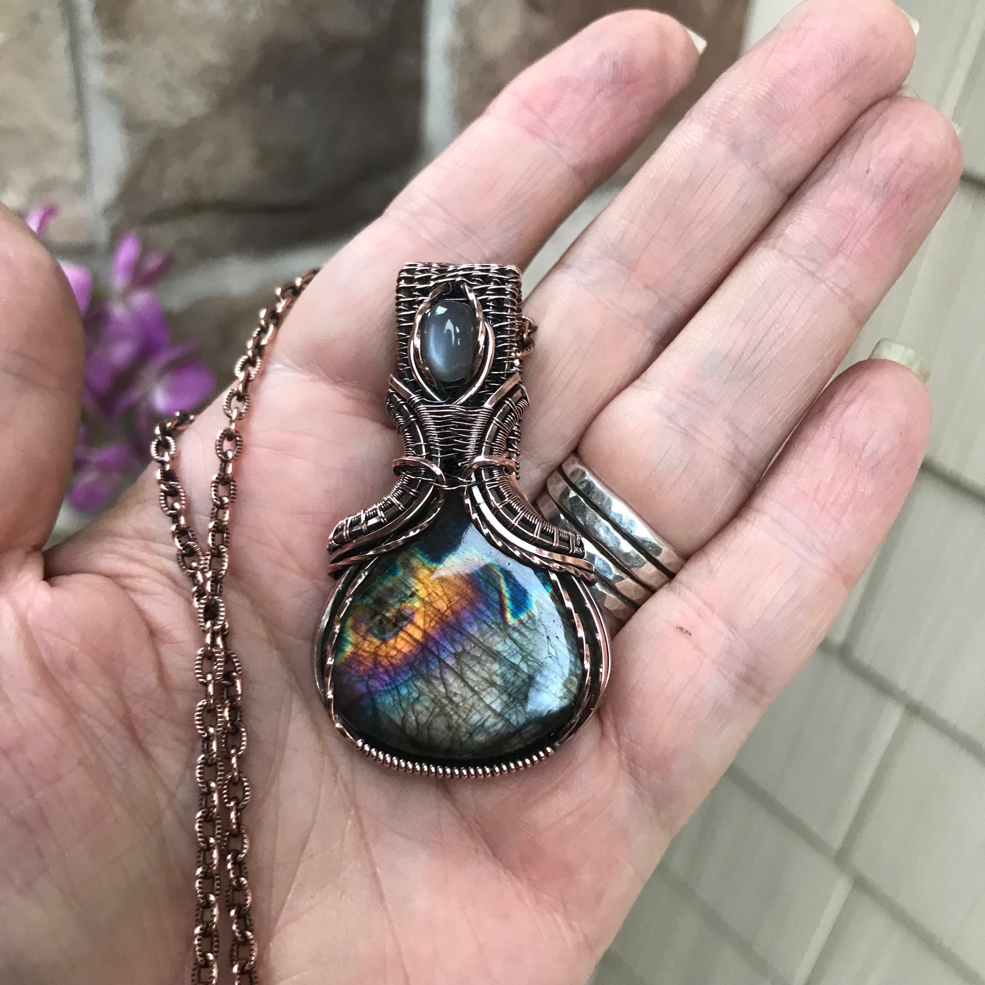 Silver Black Rainbow Labradorite & Gray Moonstone Copper Pendant