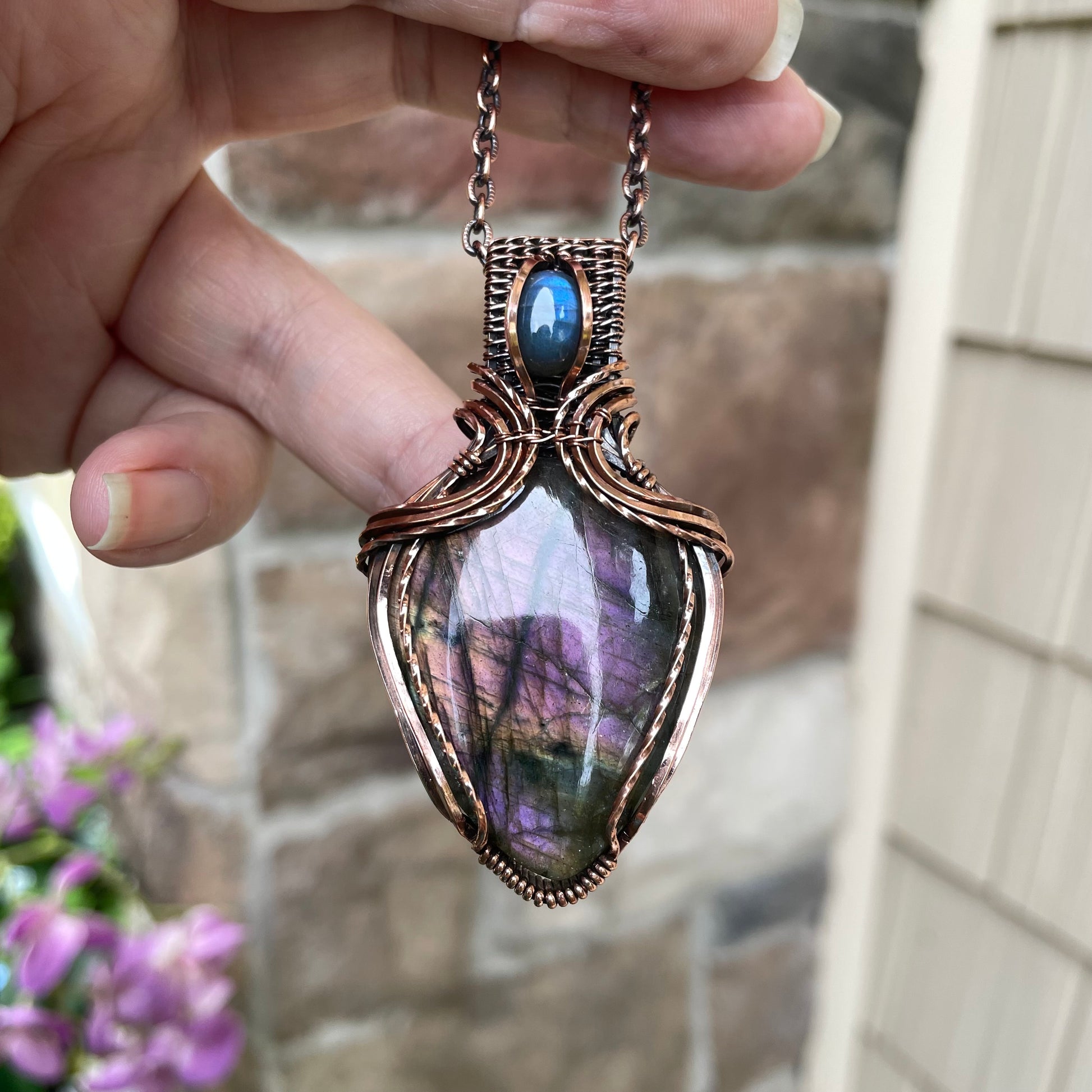 Purple & Blue Labradorite Copper Pendant with Weaving