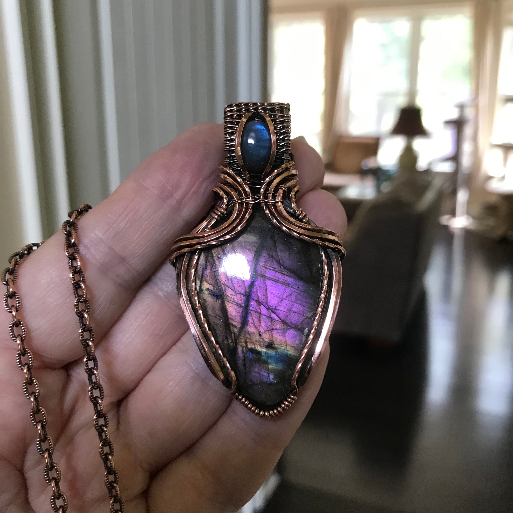 Purple & Blue Labradorite Copper Pendant with Weaving