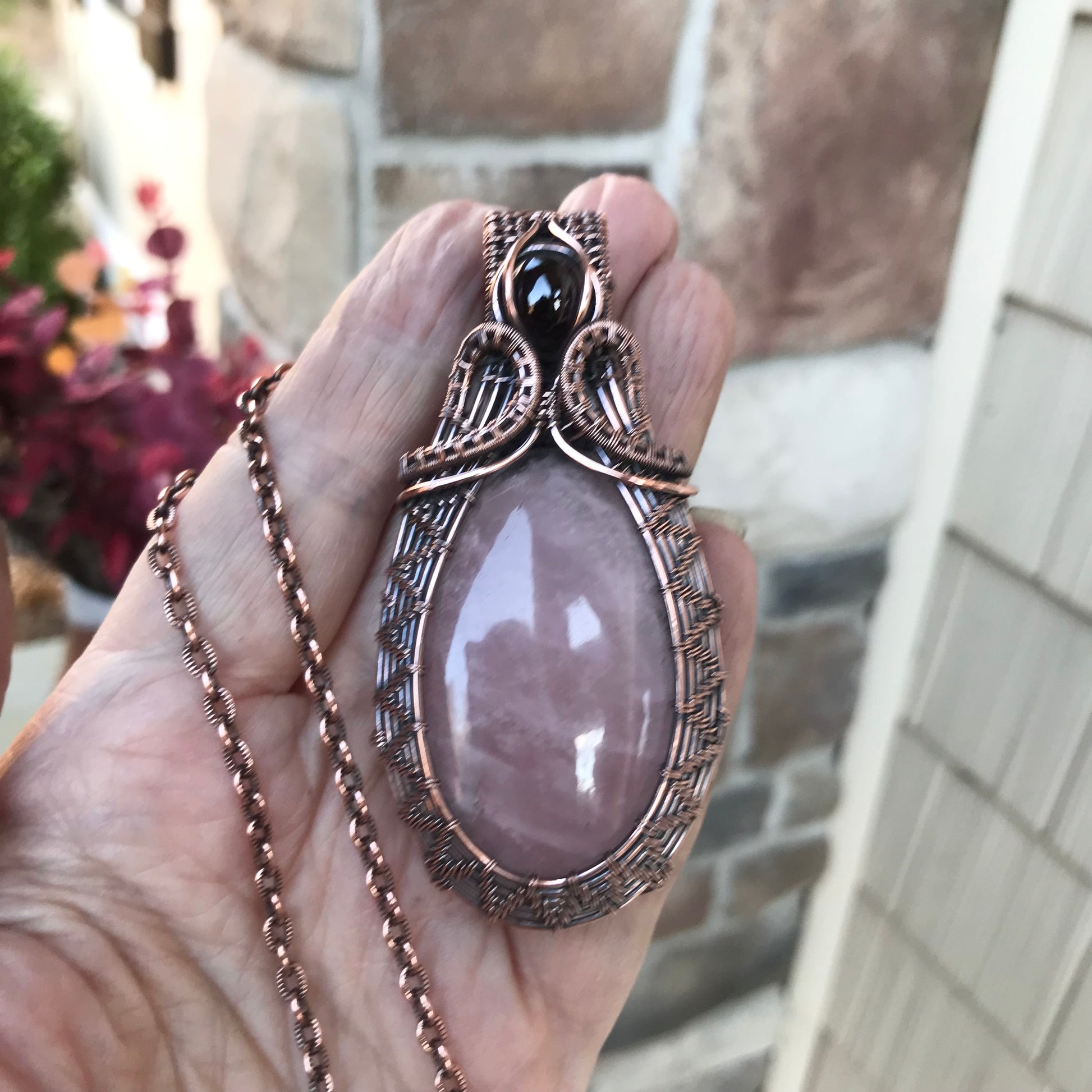 Rose Quartz & Garnet Copper Woven Pendant