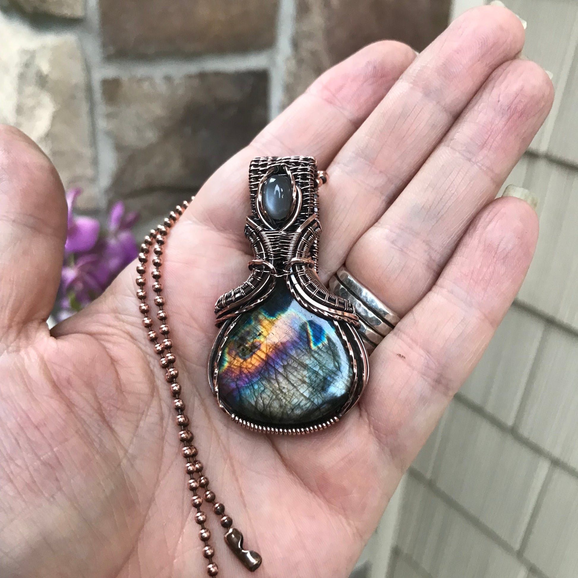 Silver Black Rainbow Labradorite & Gray Moonstone Copper Pendant