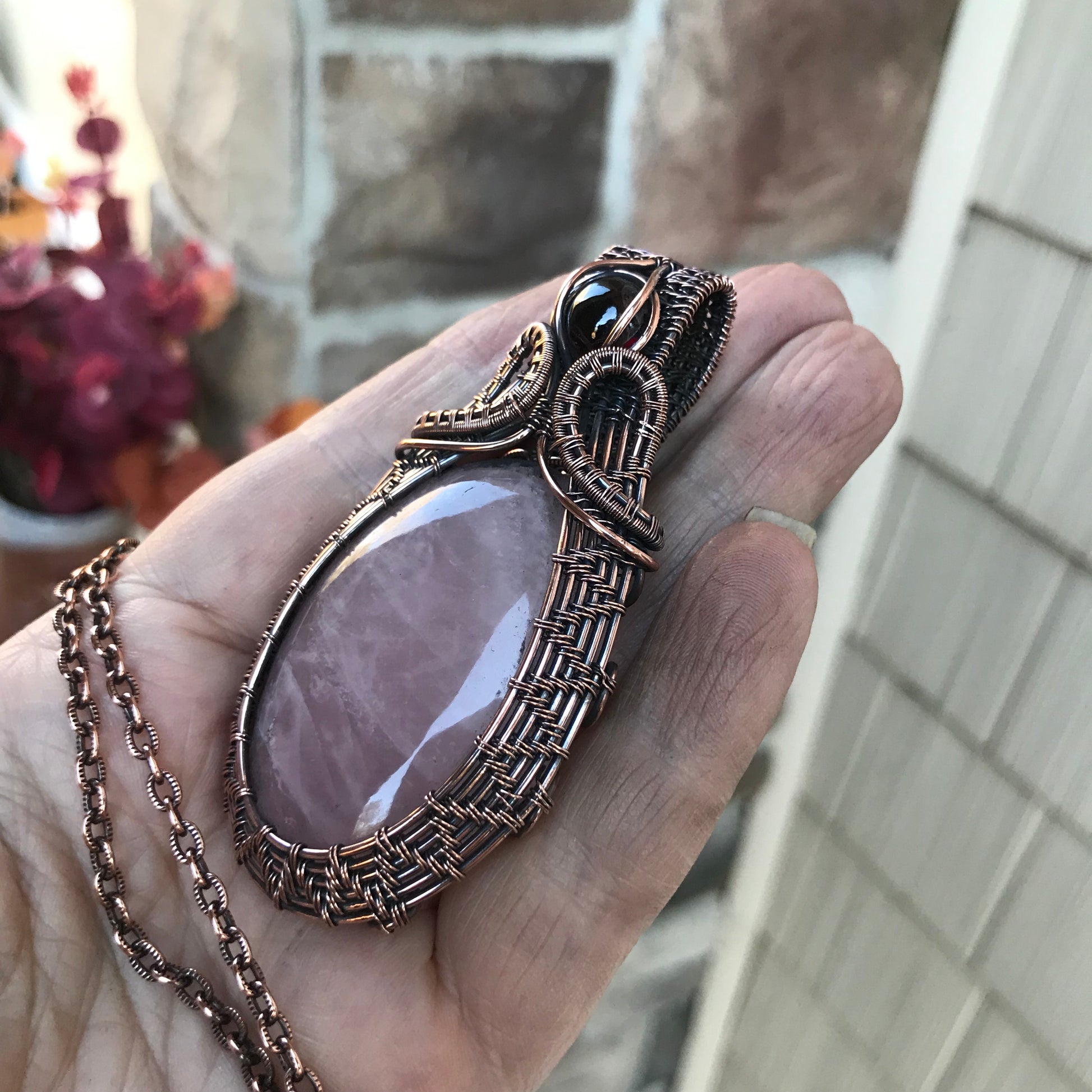 Rose Quartz & Garnet Copper Woven Pendant