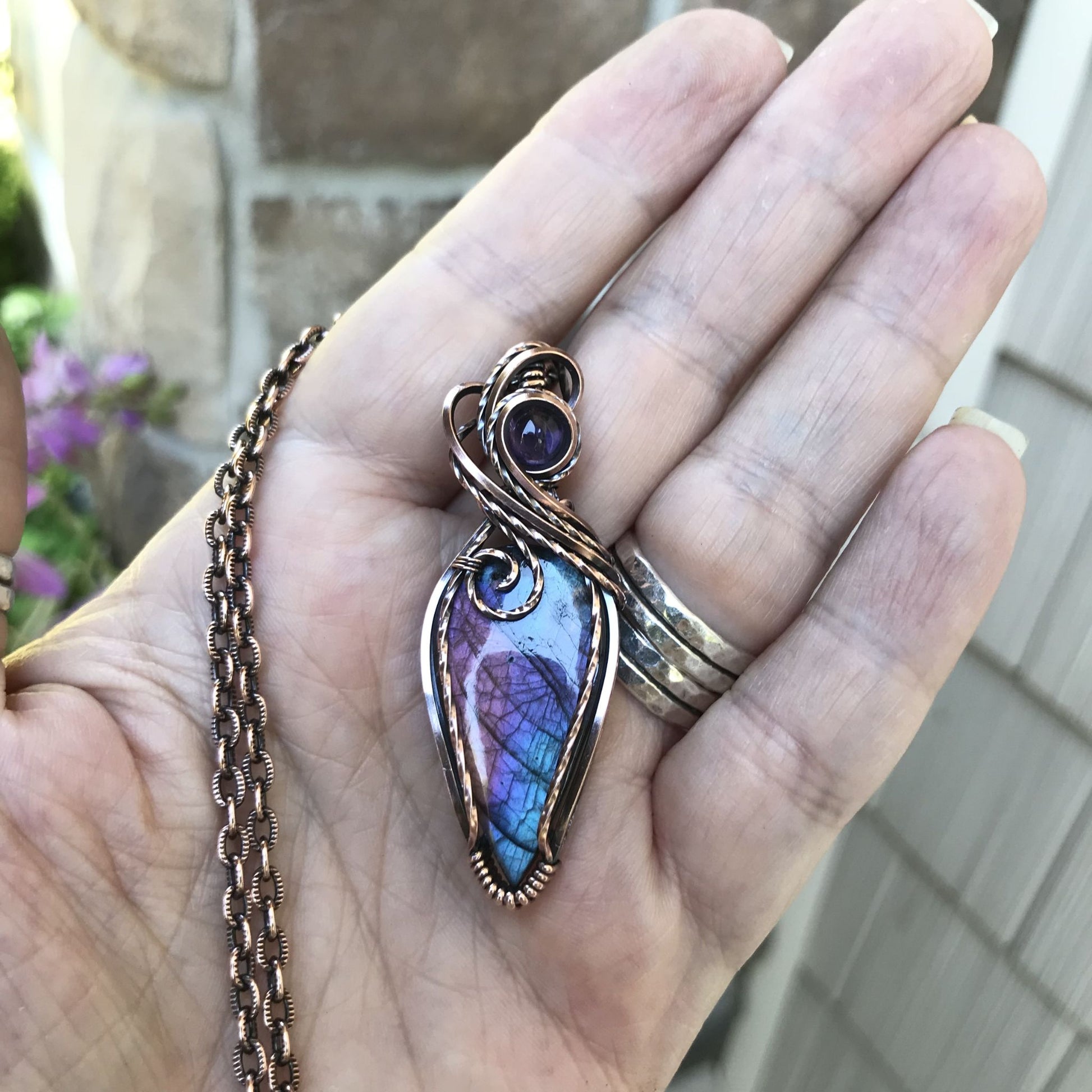 Blue Pink Purple Labradorite & Amethyst Copper Necklace
