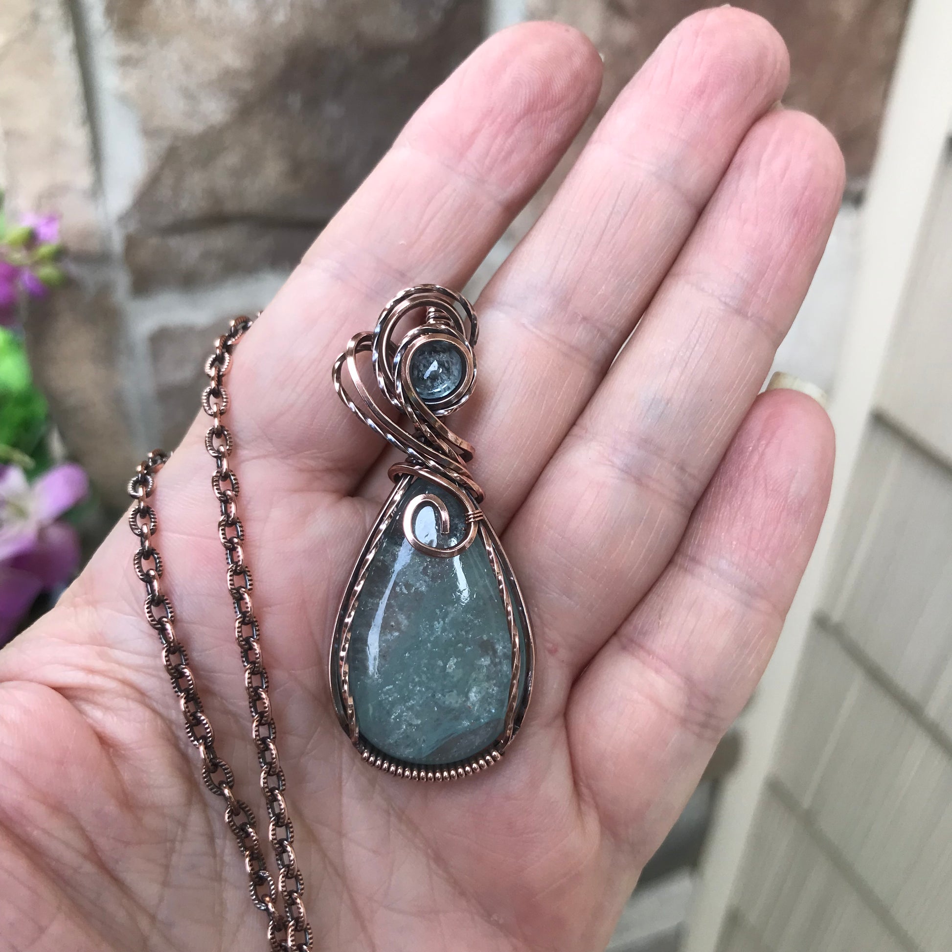 Aquamarine Swirly Teardrop Copper Pendant