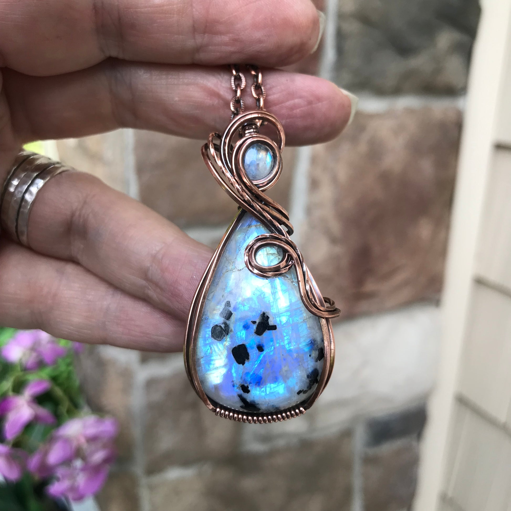 Moonstone with Black Tourmaline Copper Pendant