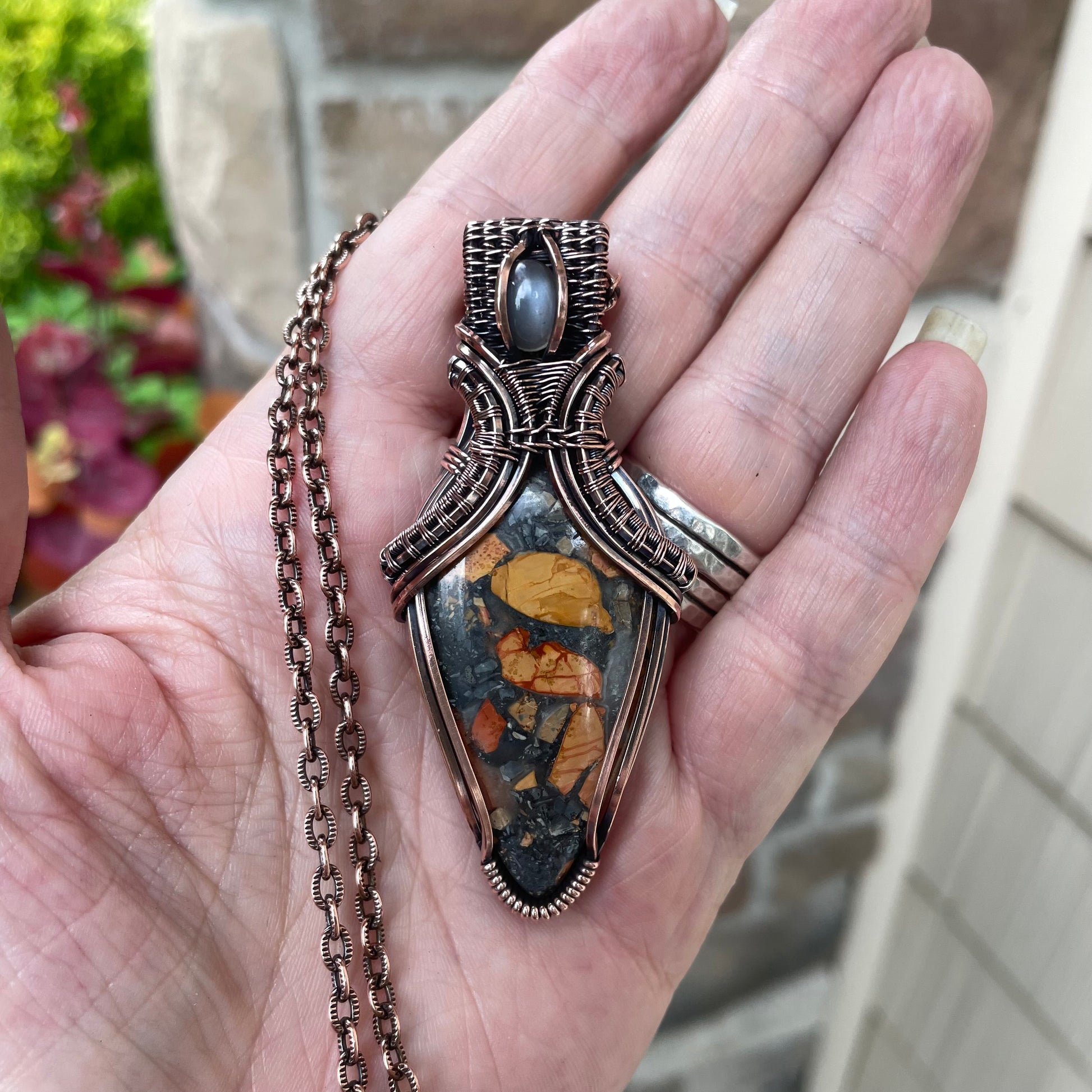 Maligano Jasper & Gray Moonstone Copper Pendant with Weaving