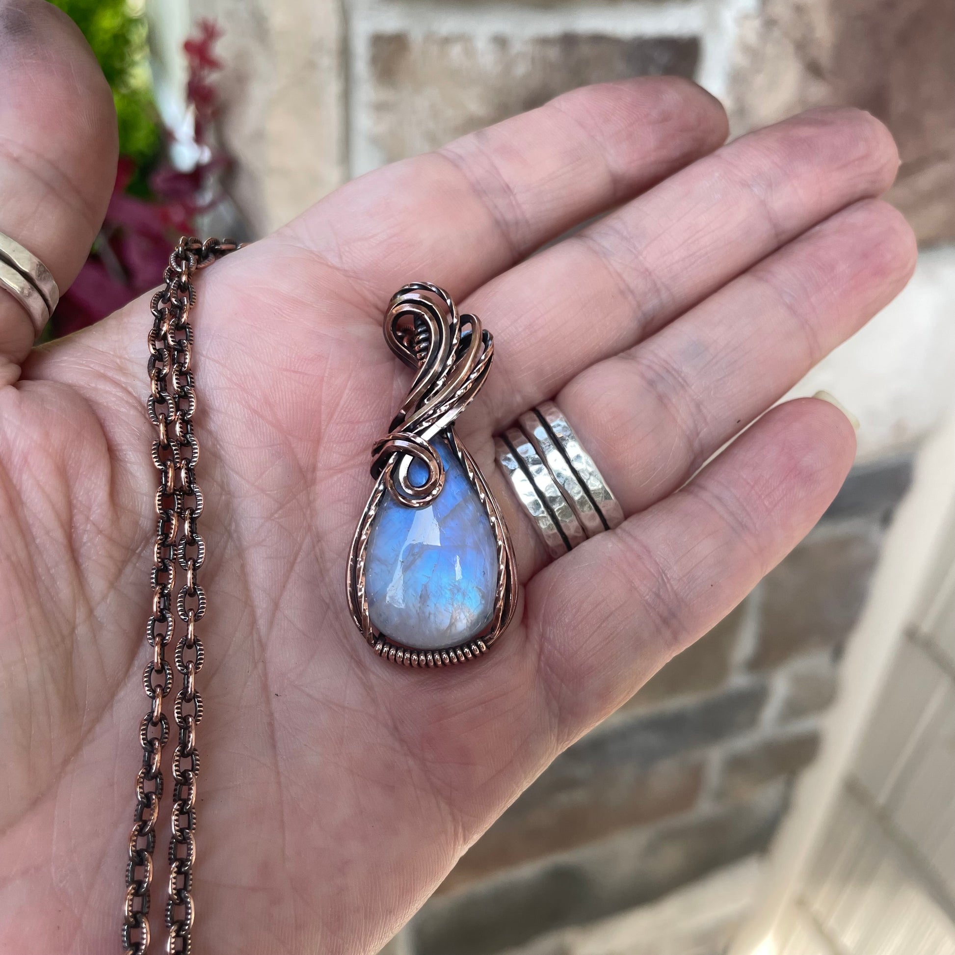 Rainbow Moonstone Copper Pendant