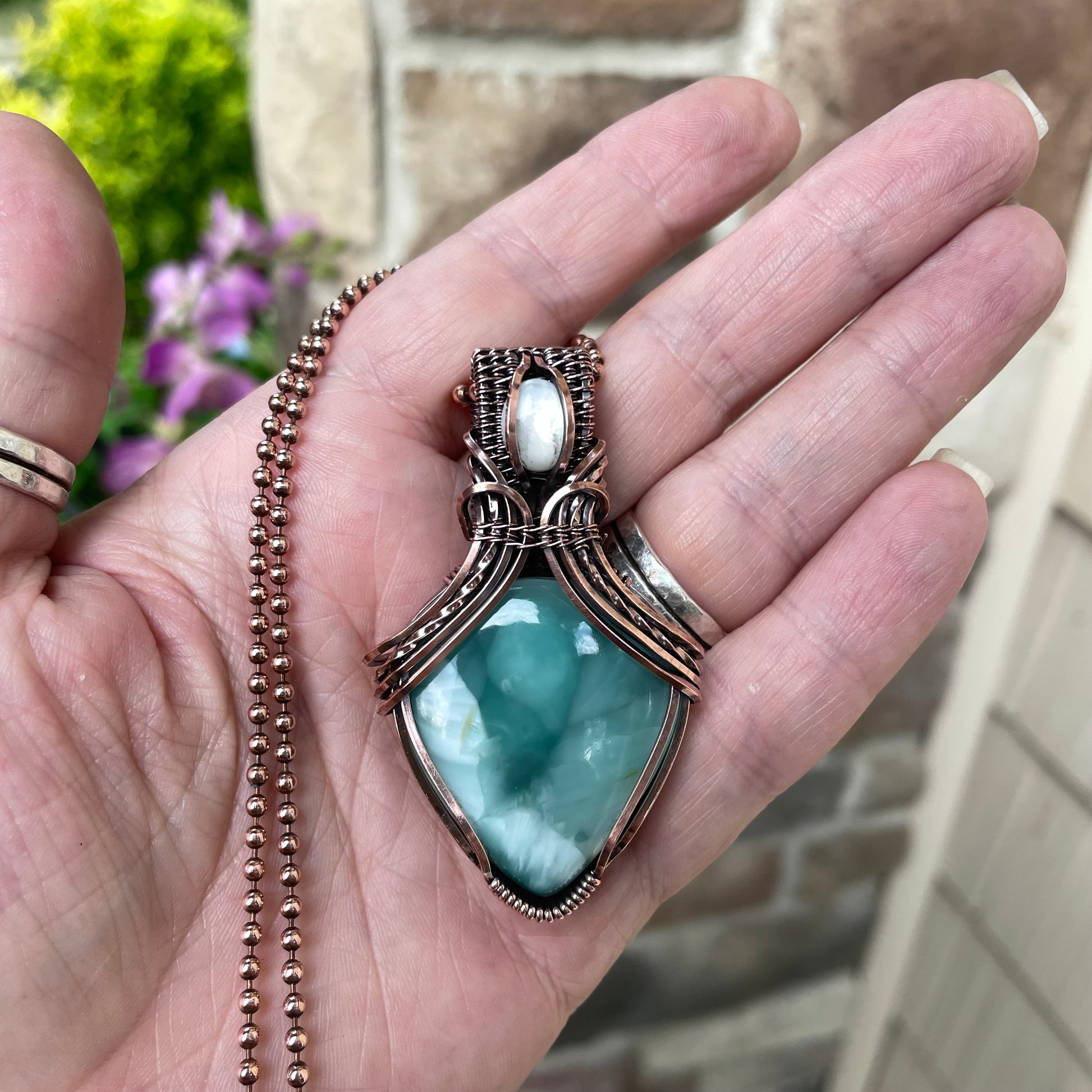 Hemimorphite & Mother of Pearl Copper Pendant with Woven Bail