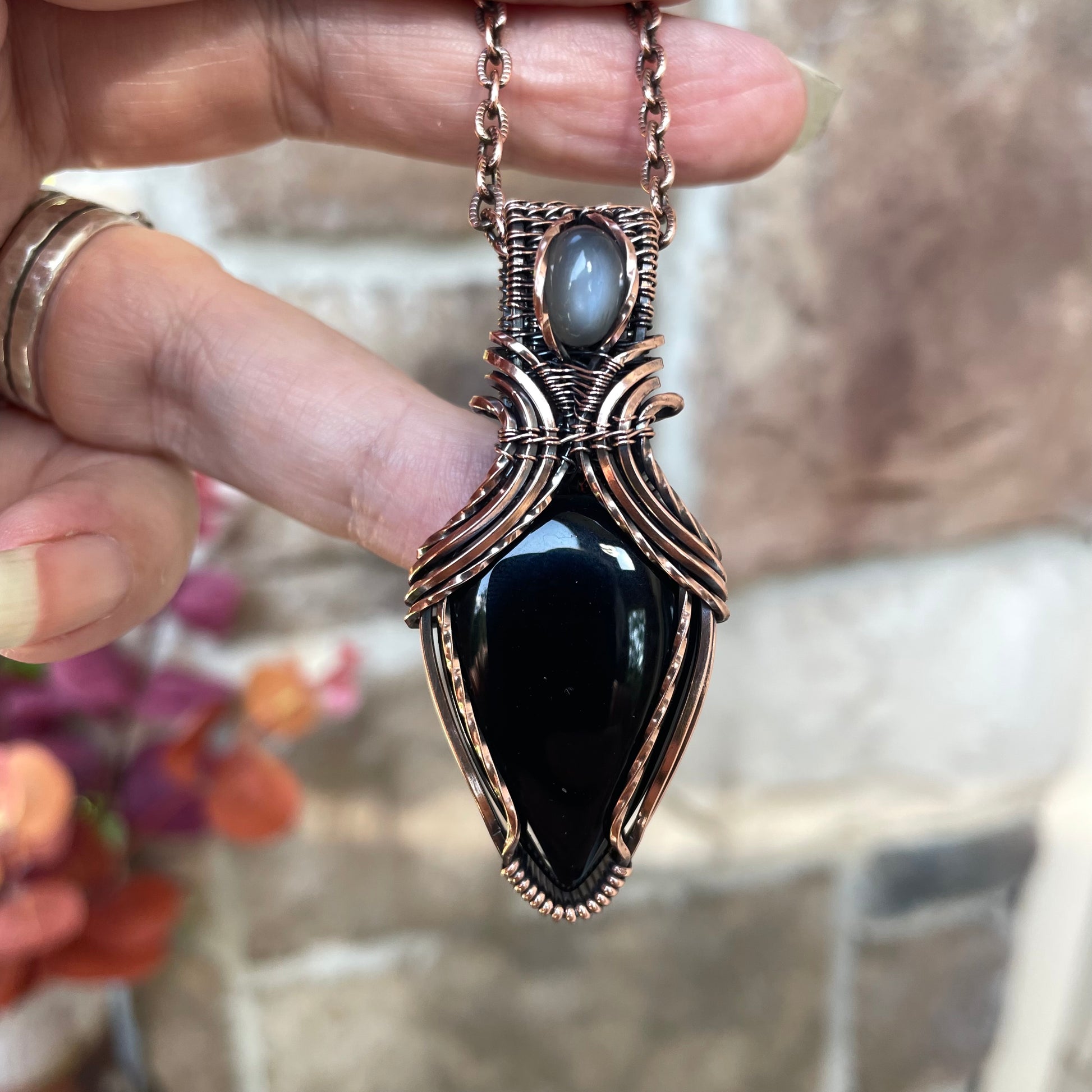 Black Onyx & Gray Moonstone Copper Pendant