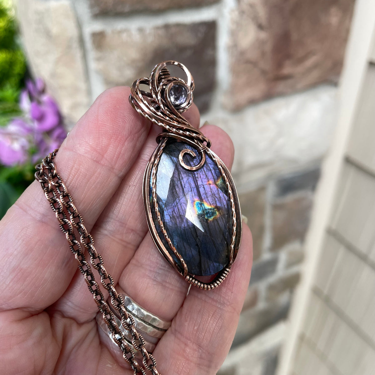 Faceted Purple Oval Labradorite & Pink Amethyst Copper Pendant