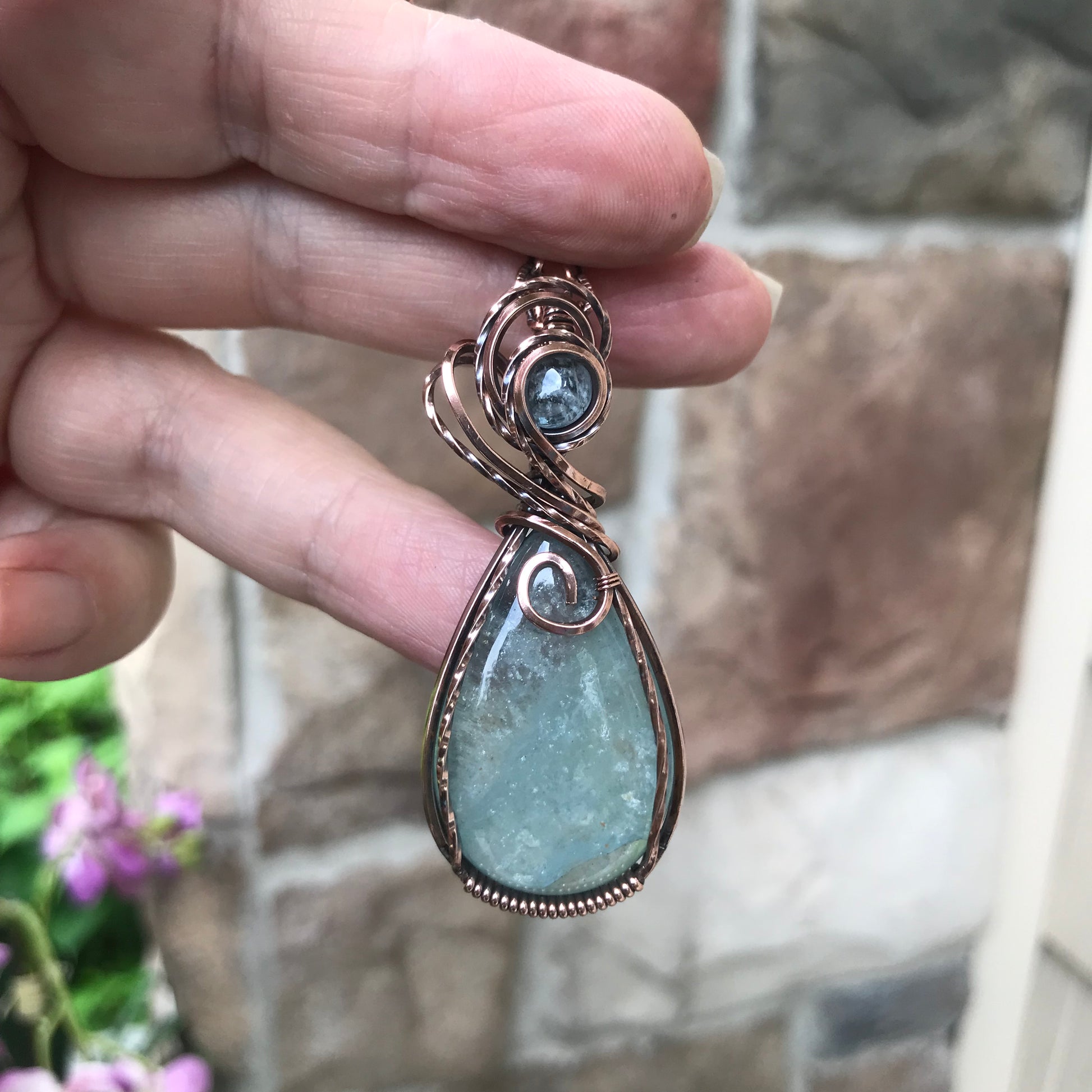 Aquamarine Swirly Teardrop Copper Pendant