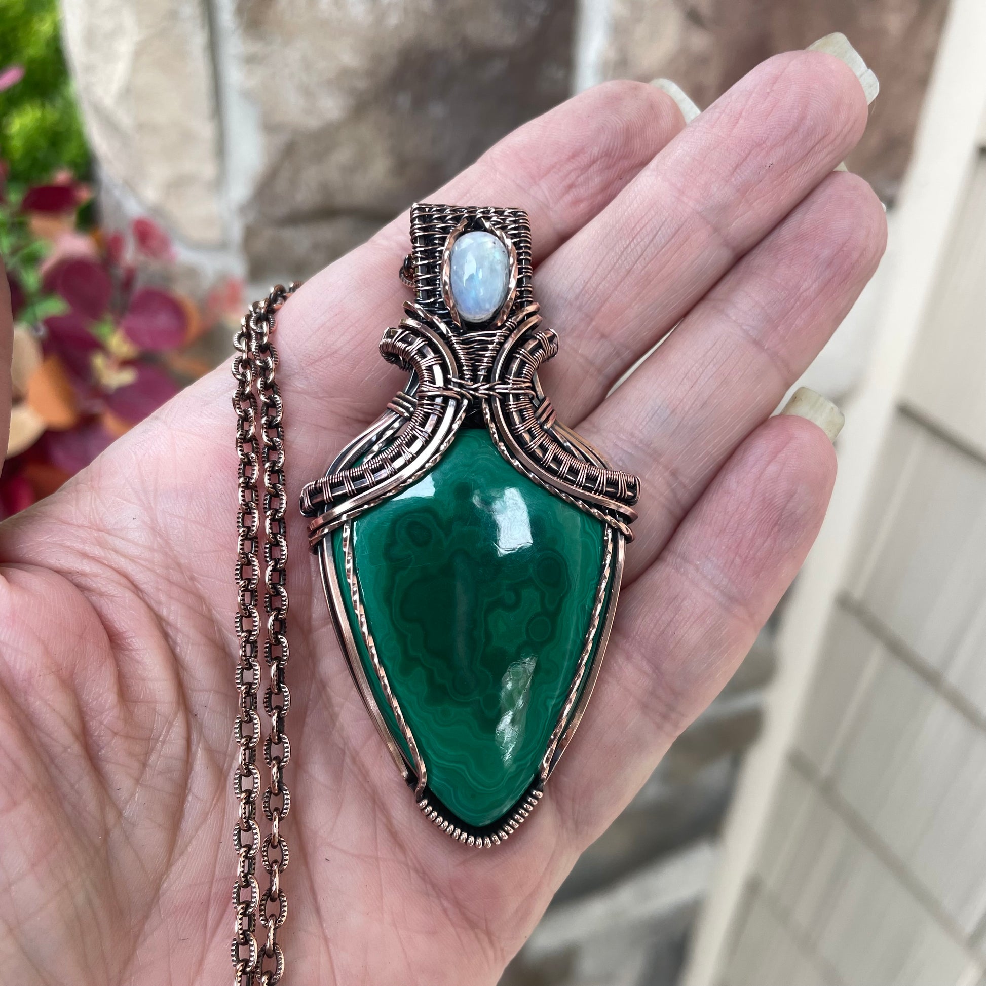 Malachite & Moonstone Copper Pendant with Weaving