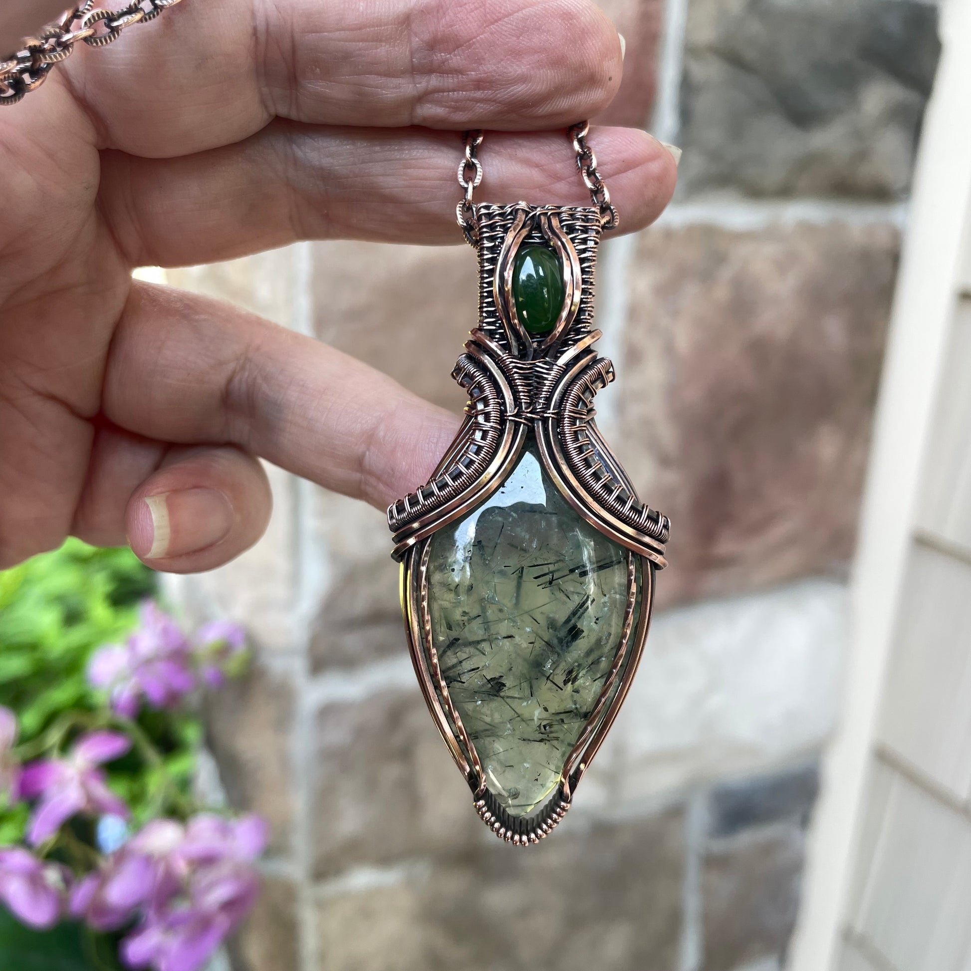Prehnite & Jade Copper Pendant with Weaving