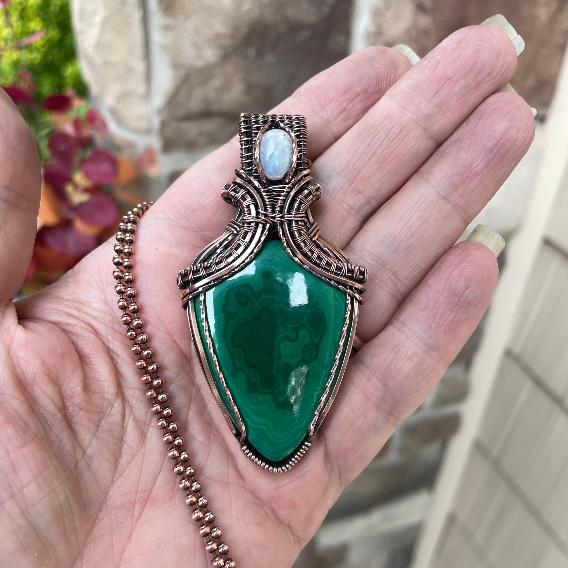 Malachite & Moonstone Copper Pendant with Weaving