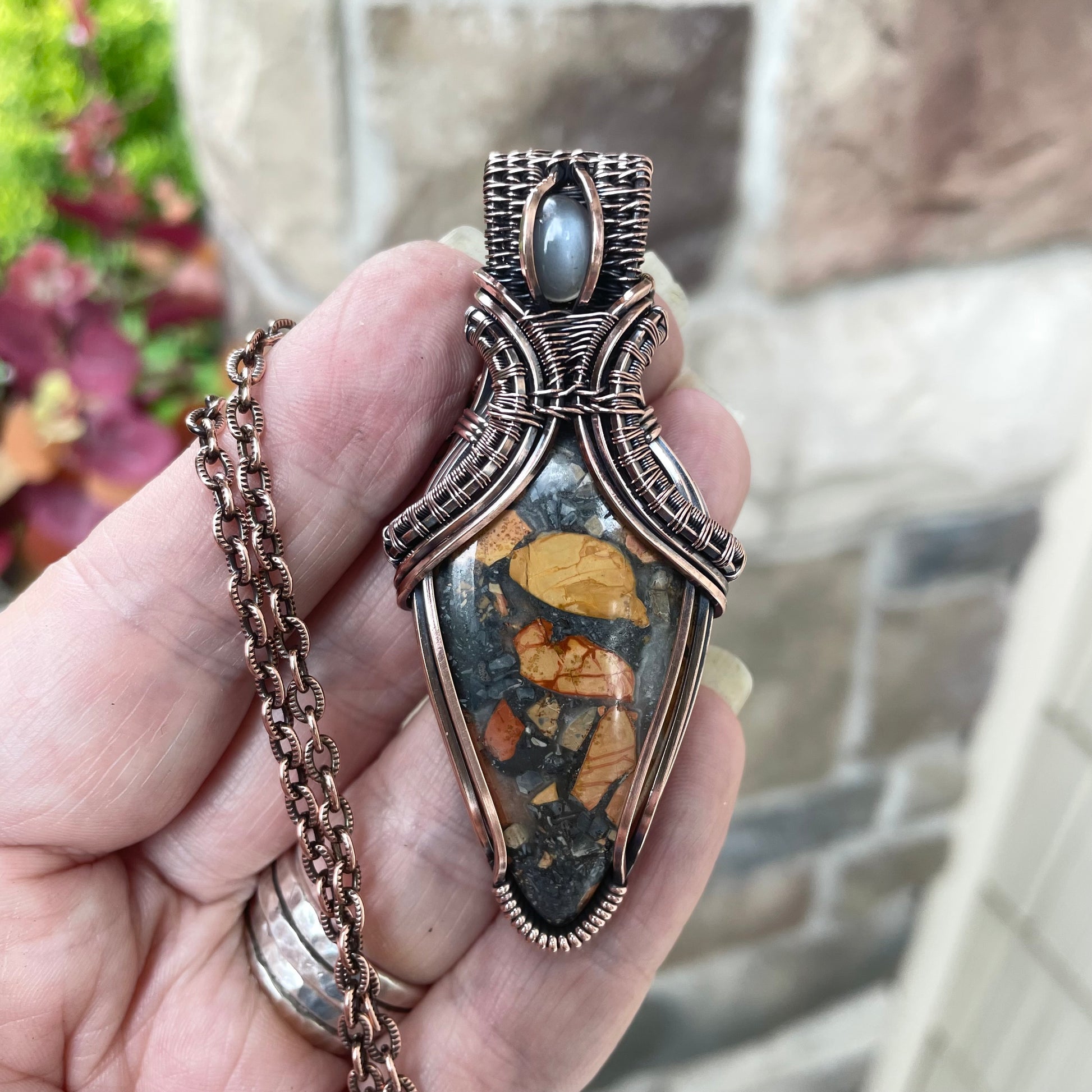 Maligano Jasper & Gray Moonstone Copper Pendant with Weaving