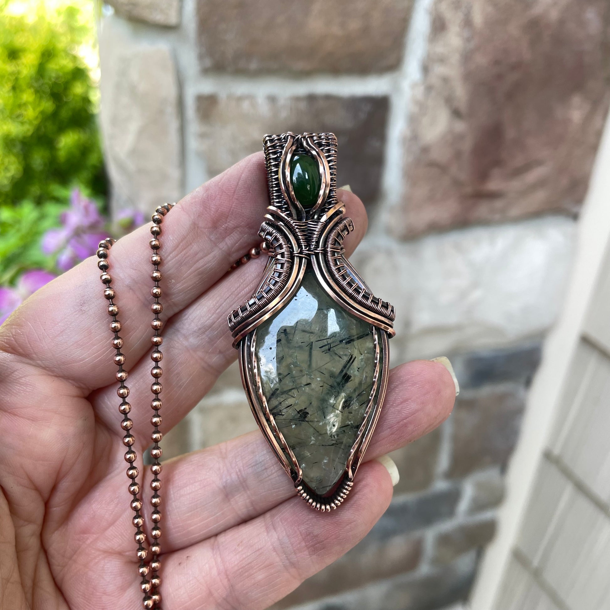 Prehnite & Jade Copper Pendant with Weaving