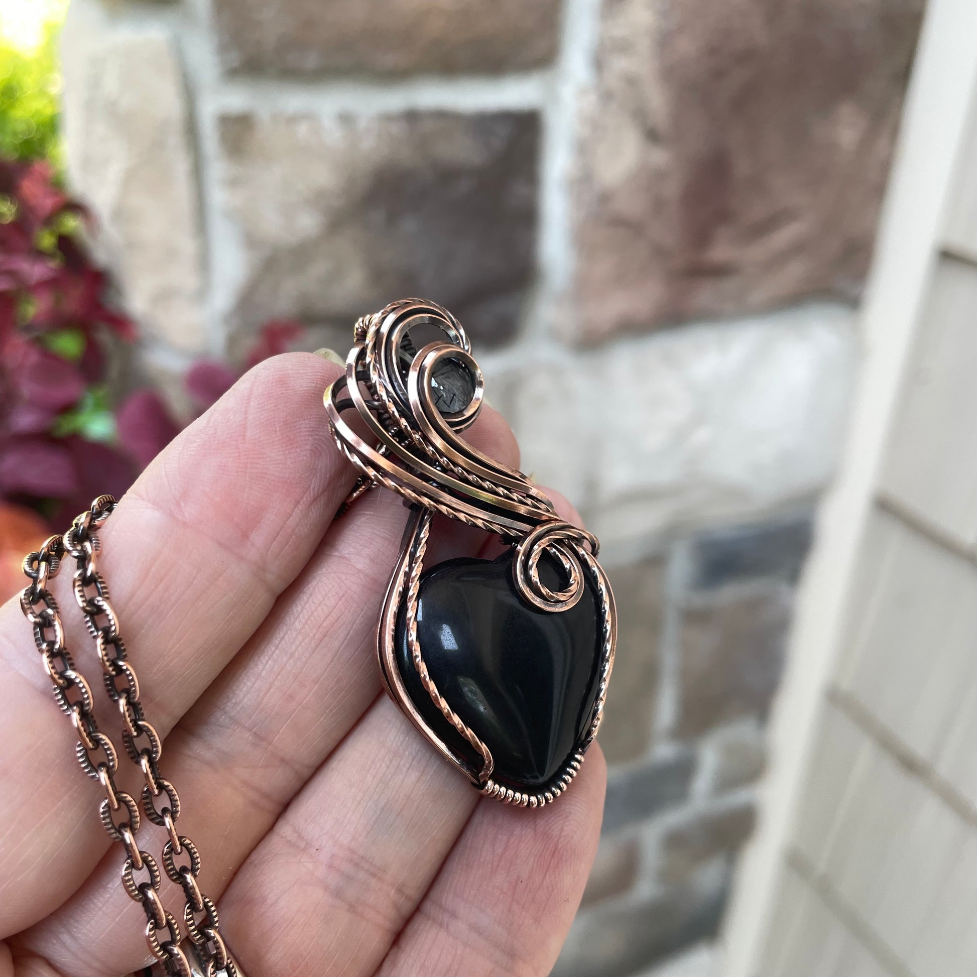 Obsidian & Rutile Quartz Heart Pendant
