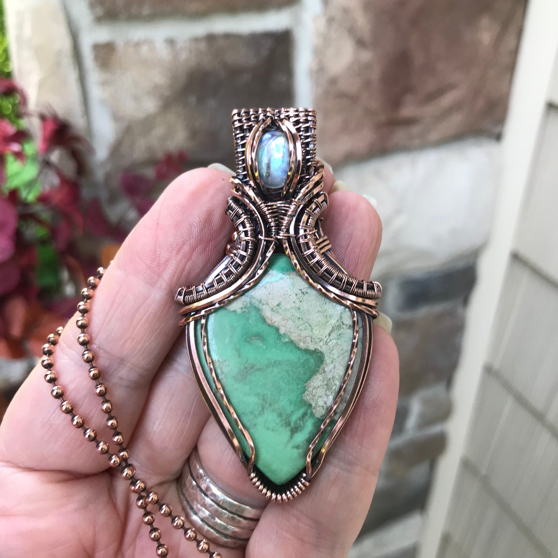 Variscite & Moonstone Copper Pendant with Weaving