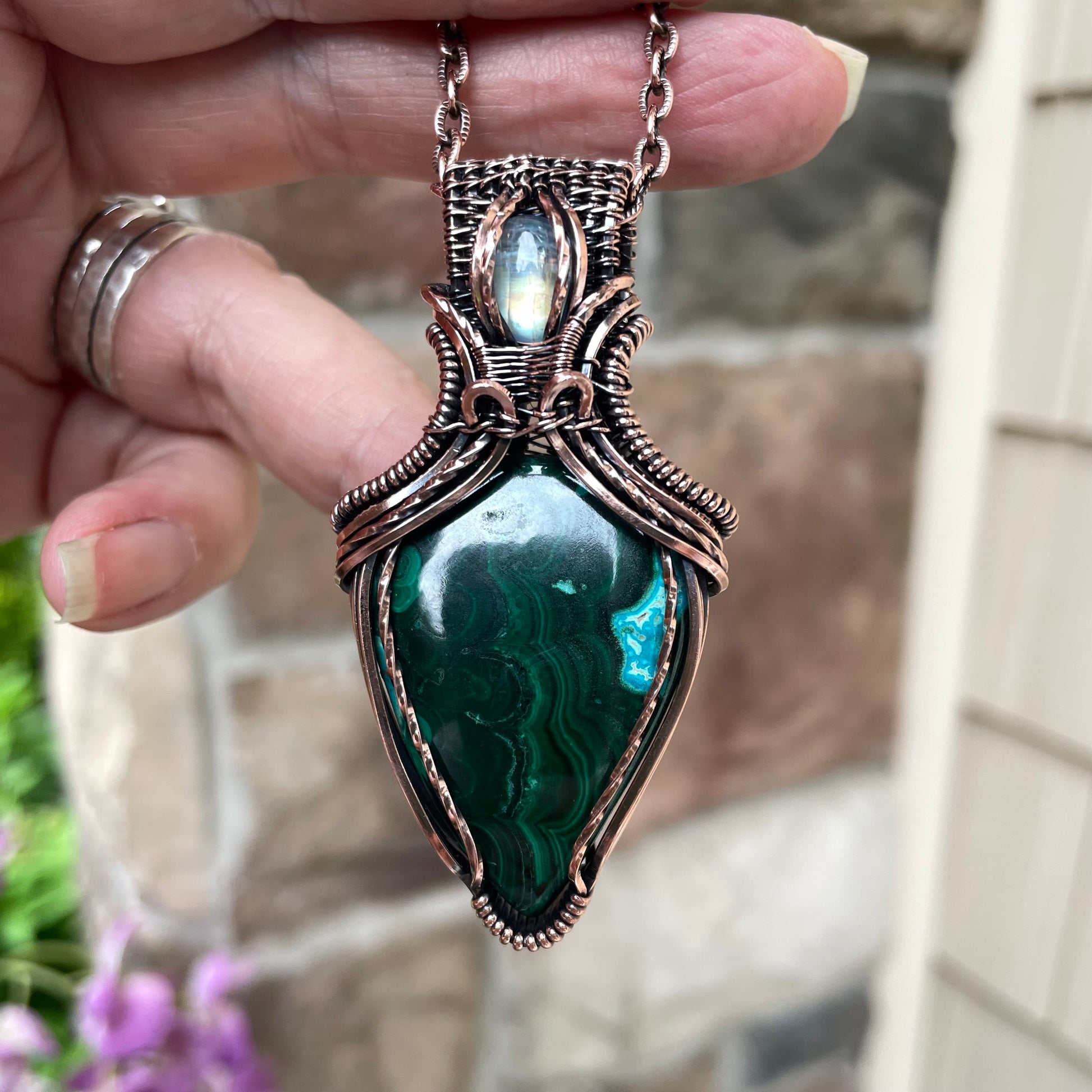 Malachite Chrysocolla & Moonstone Copper Pendant with Weaving