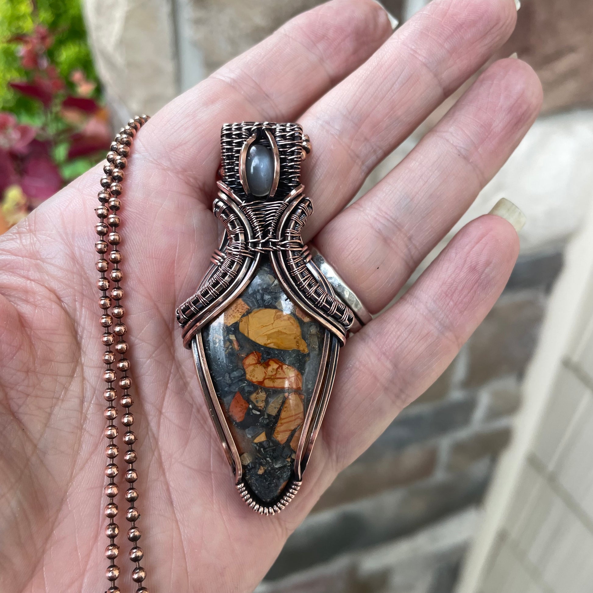 Maligano Jasper & Gray Moonstone Copper Pendant with Weaving