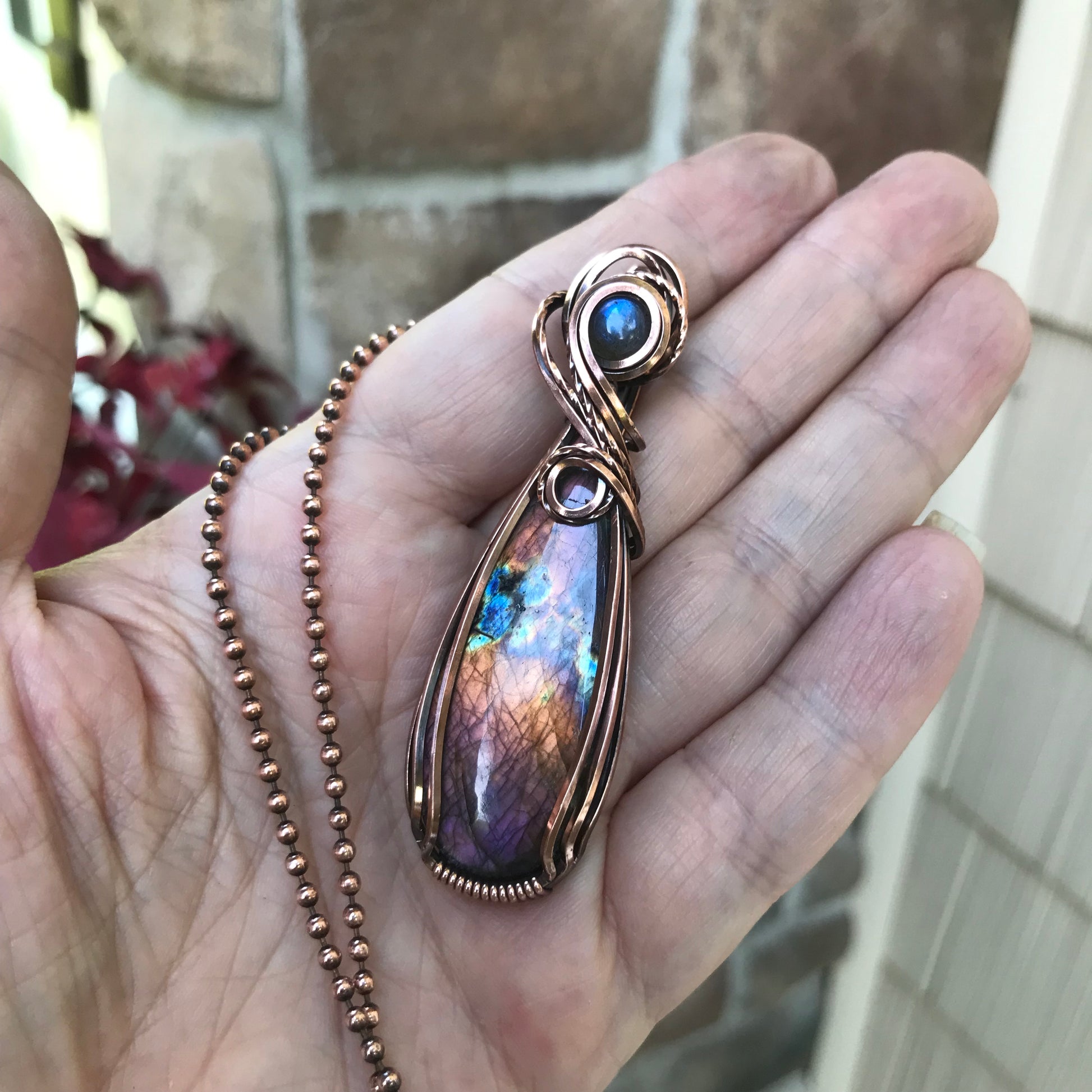 Orange & Purple Labradorite Slender Copper Pendant