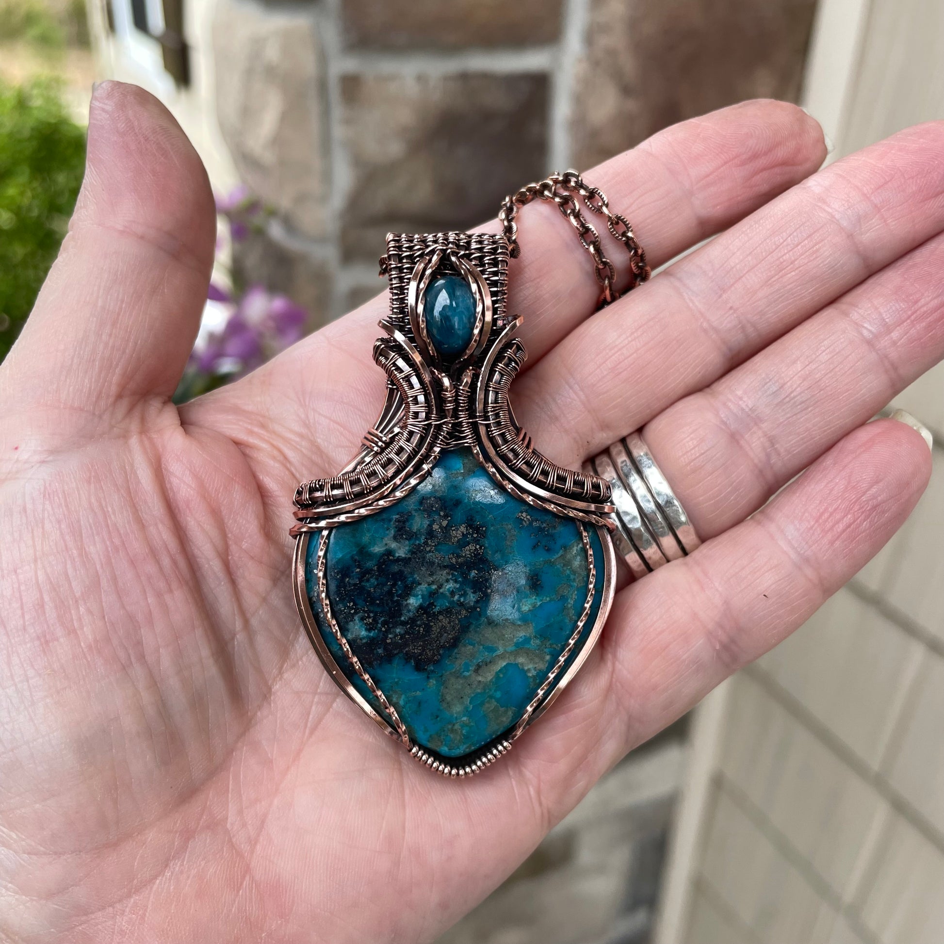 Turquoise & Apatite Copper Pendant with Weaving