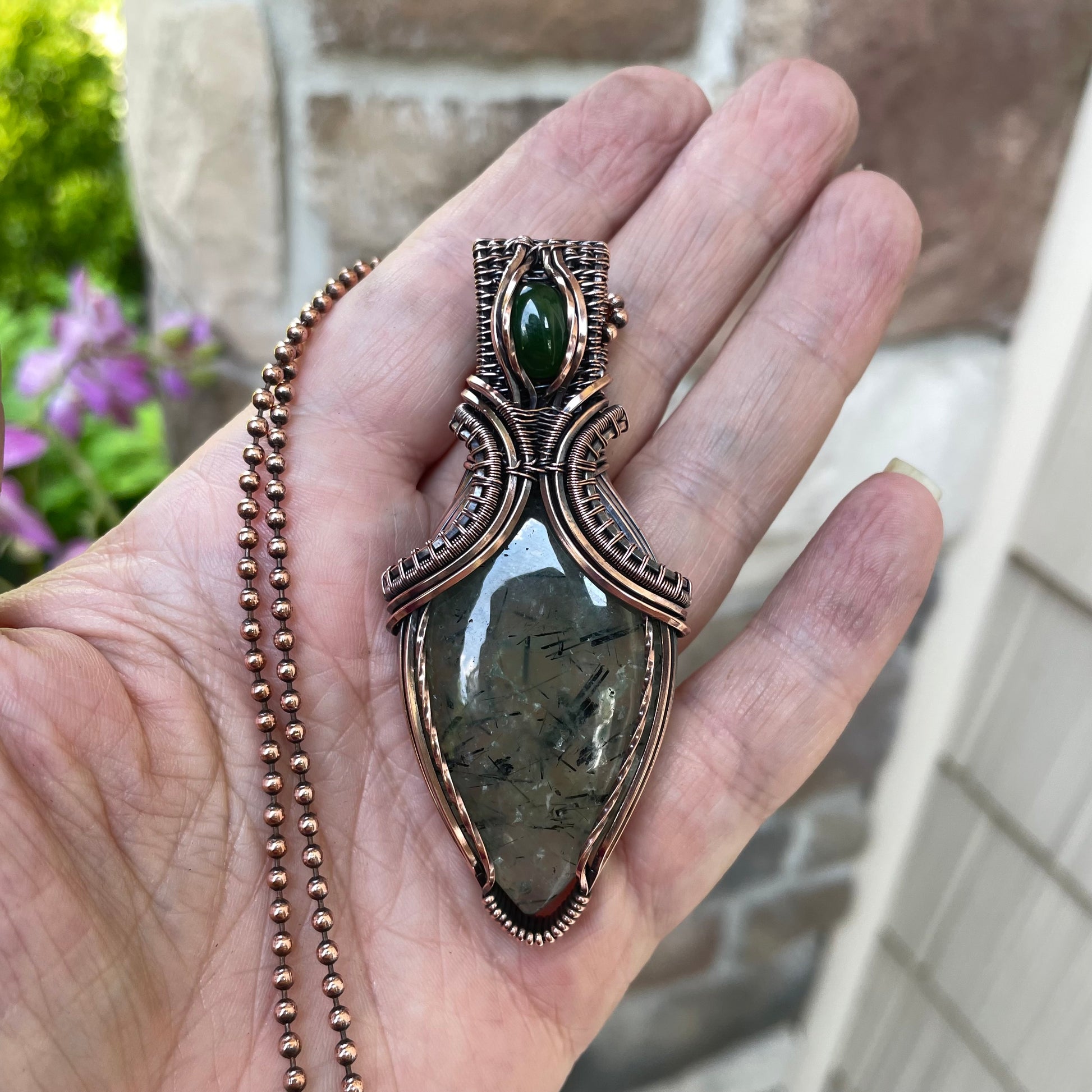 Prehnite & Jade Copper Pendant with Weaving