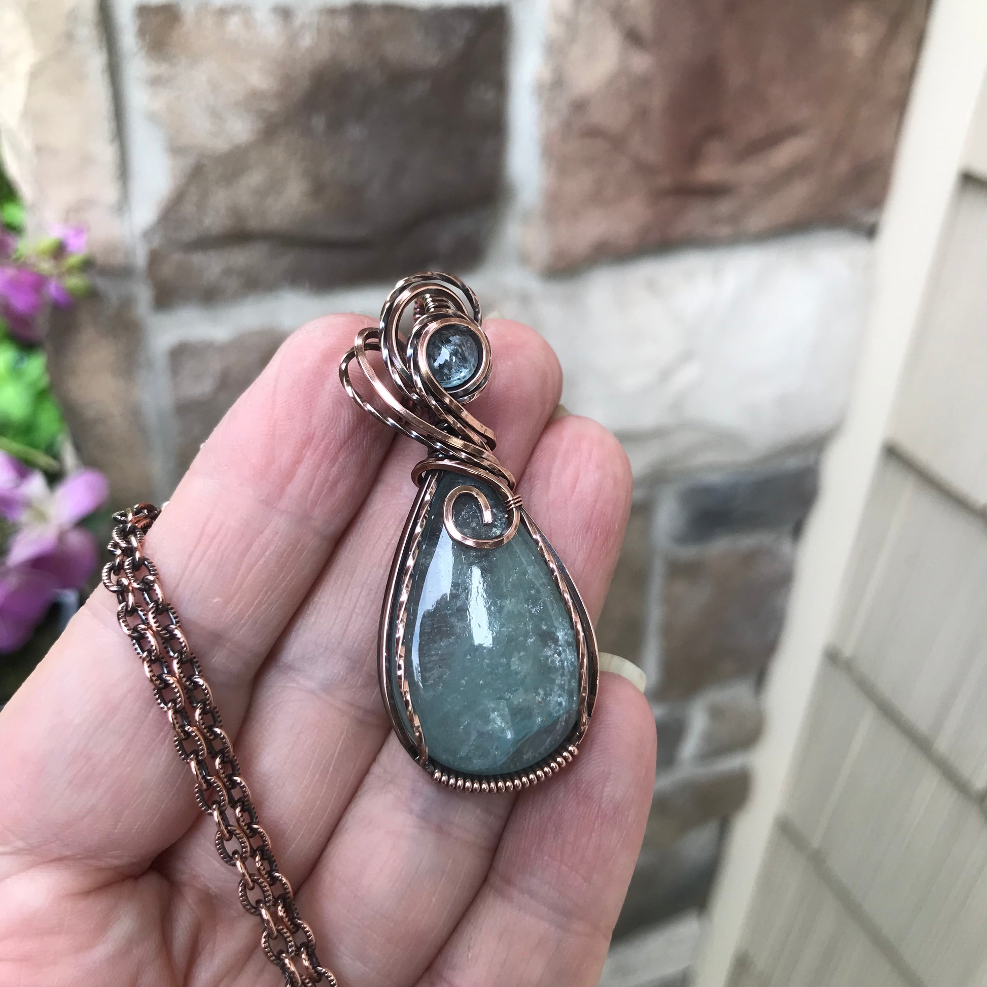 Aquamarine Swirly Teardrop Copper Pendant