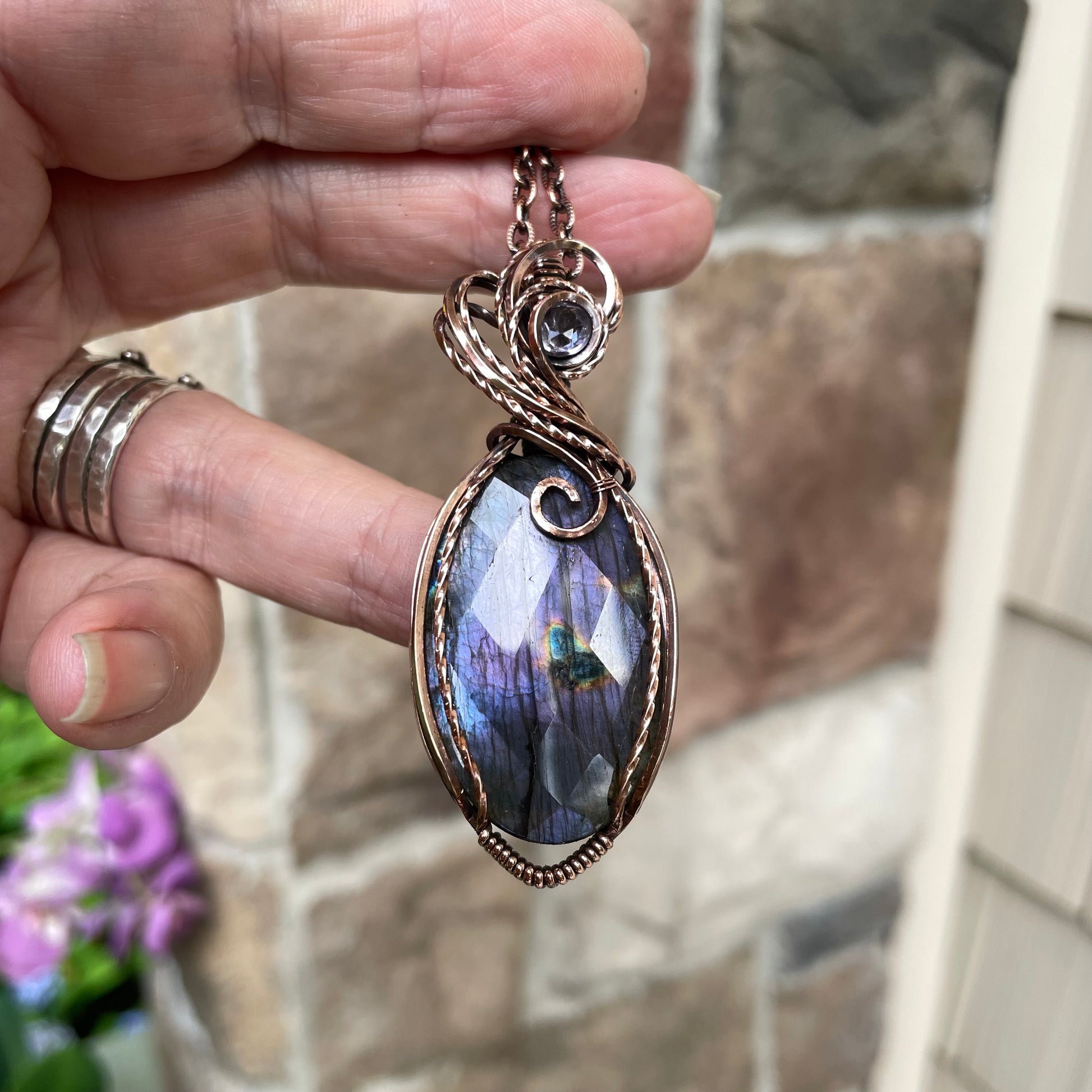 Faceted Purple Oval Labradorite & Pink Amethyst Copper Pendant